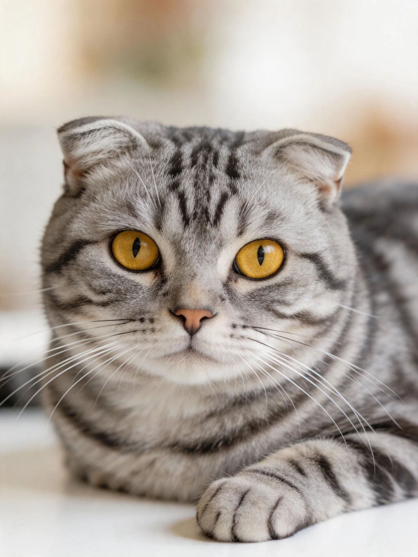 Gray tabby Scottish Fold cat with bright yellow eyes resting