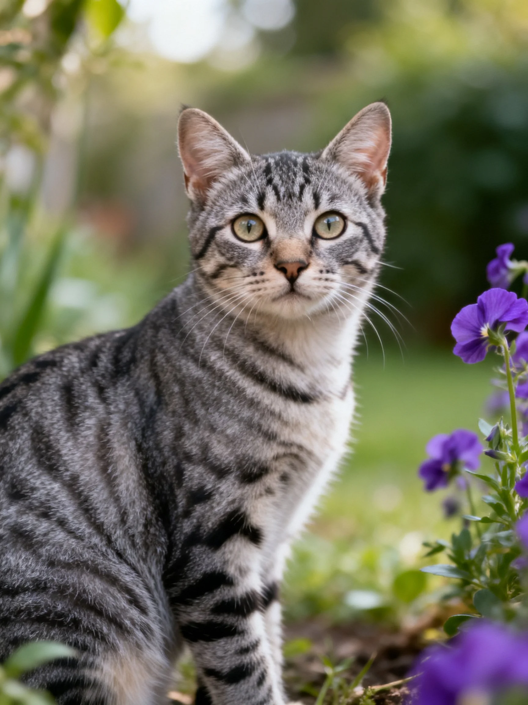 A gray tabby cat sits near purple flowers in a garden.