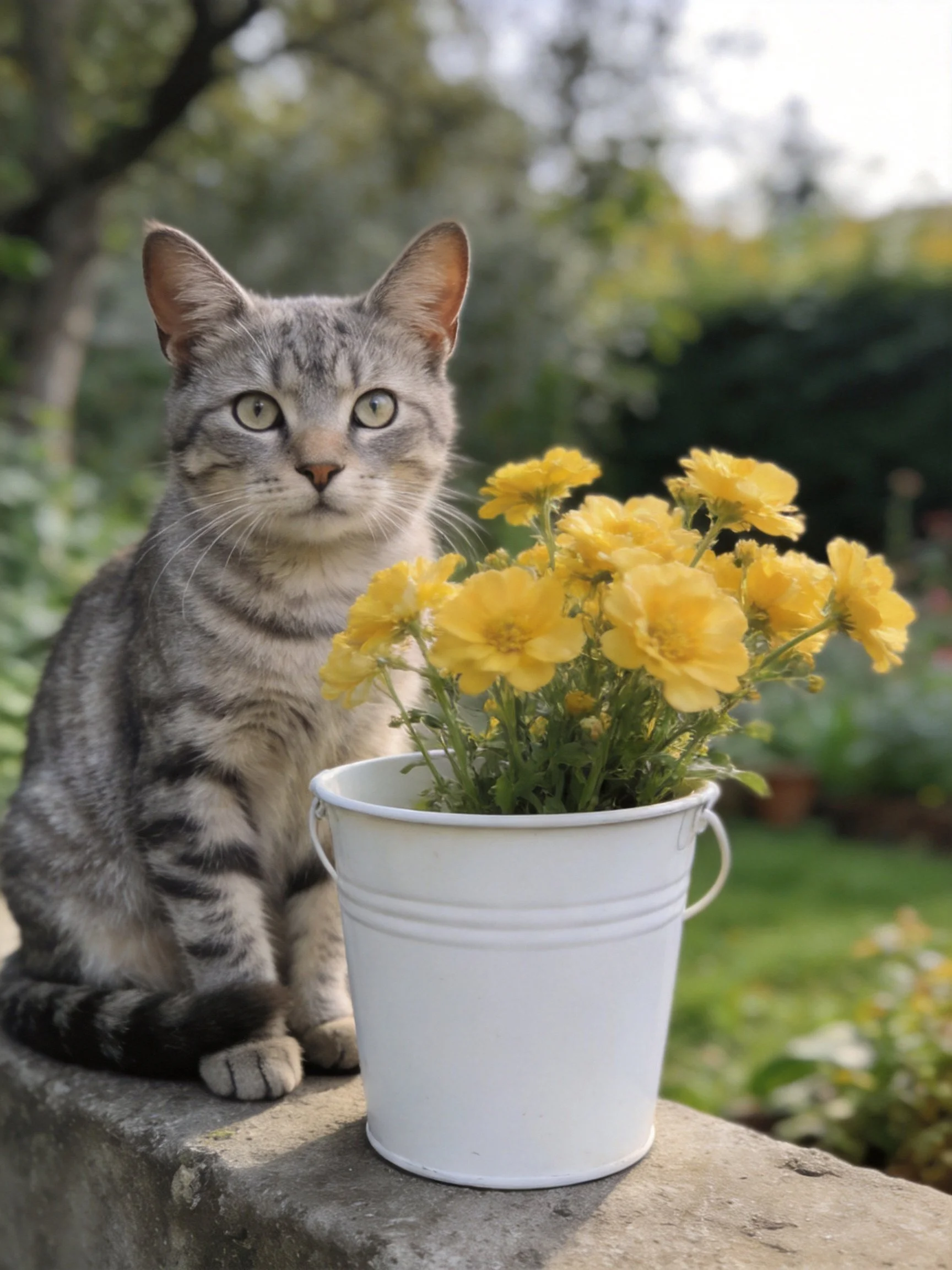 Gray tabby cat sits next to a white bucket with yellow flowers in an outdoor garden.