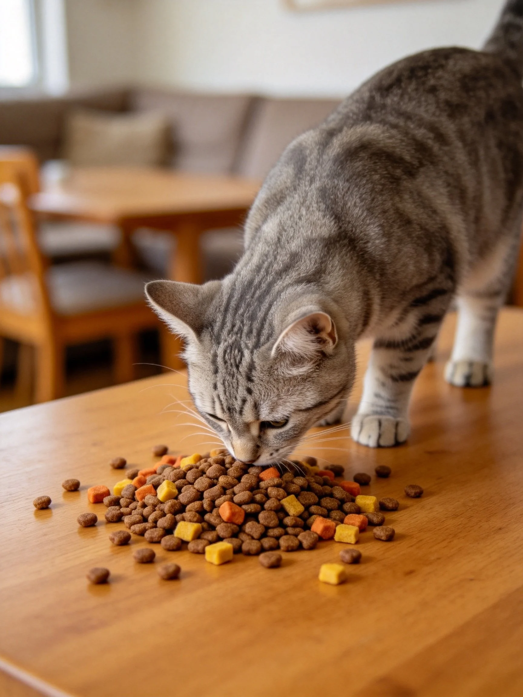 Gray tabby cat eats mixed cat food on wooden table