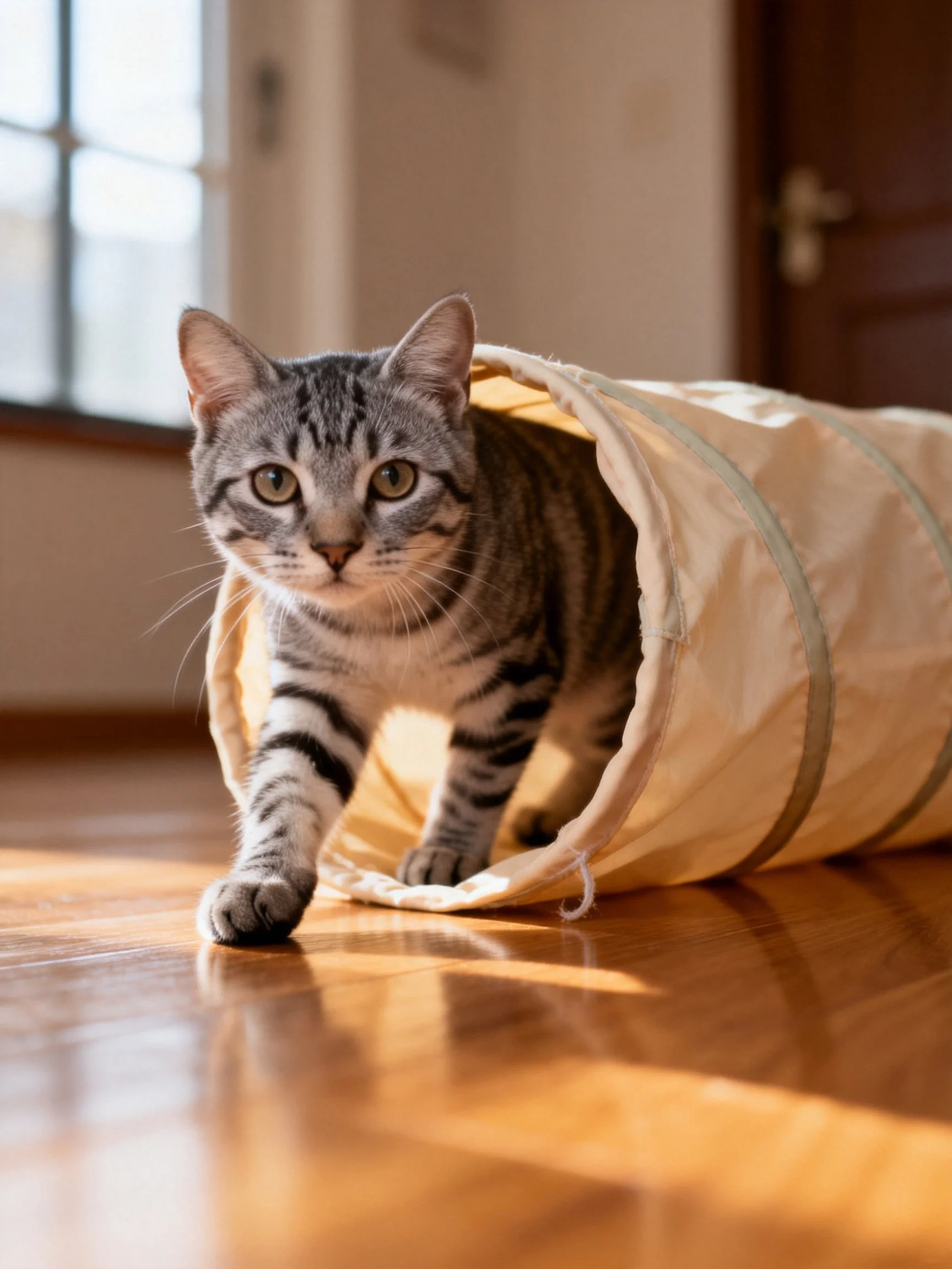 Gray tabby cat exits beige fabric tunnel on wooden floor