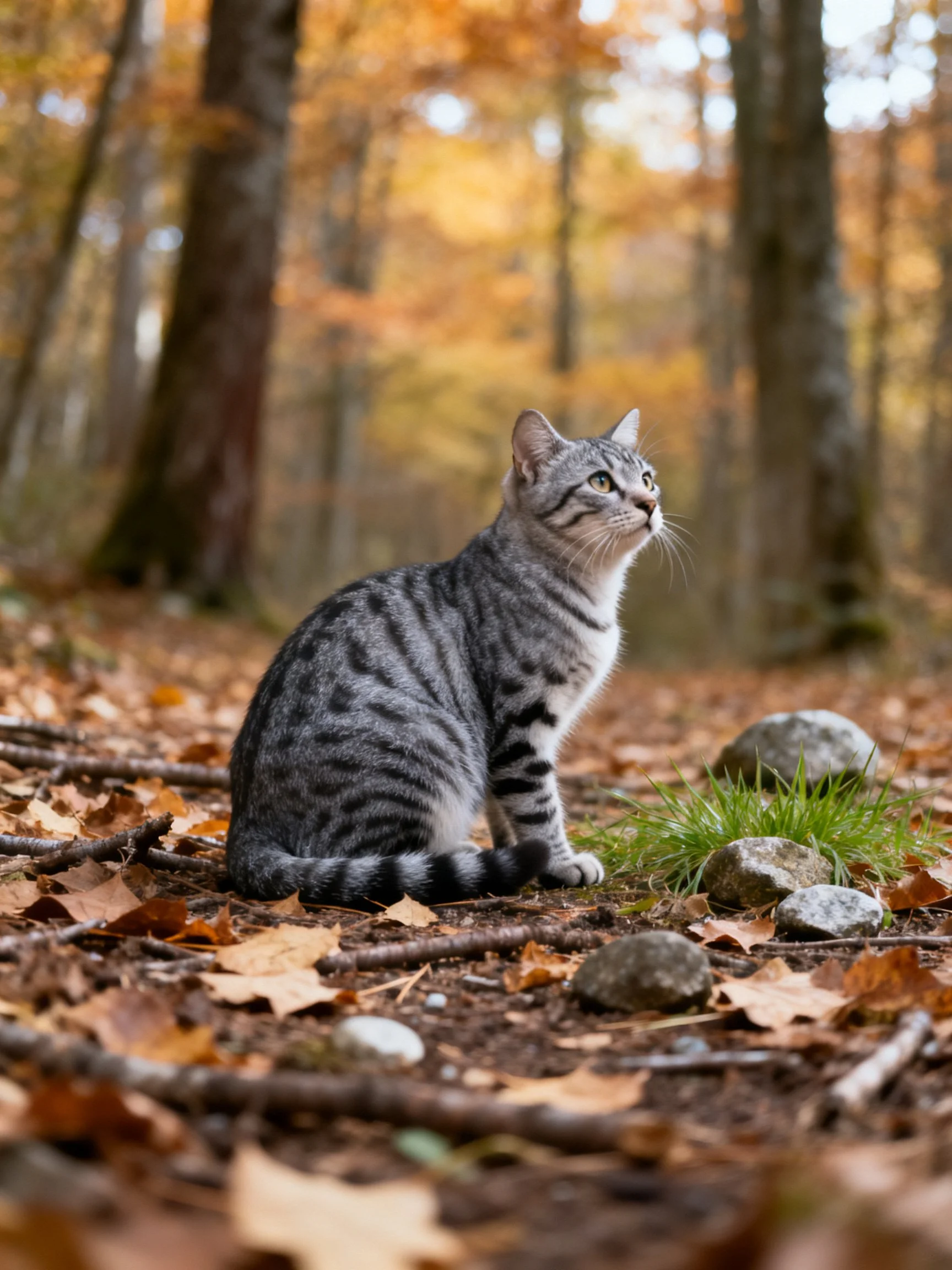 A gray tabby cat sits among fallen autumn leaves and forest elements.