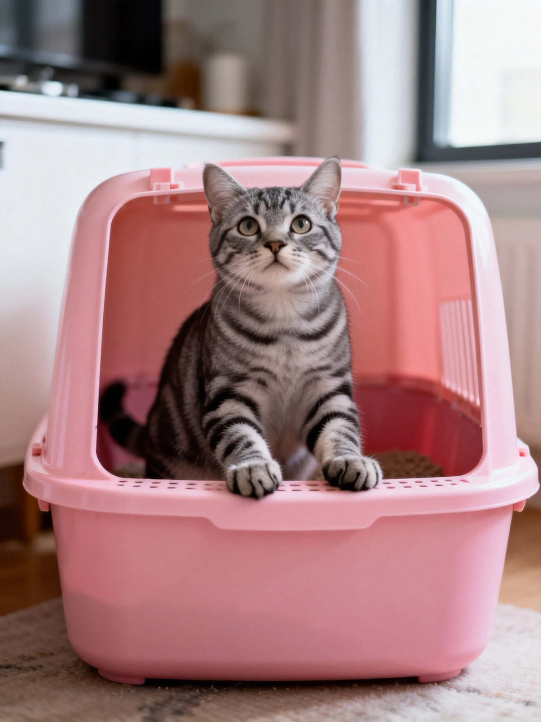 Gray tabby cat inside pink plastic litter box