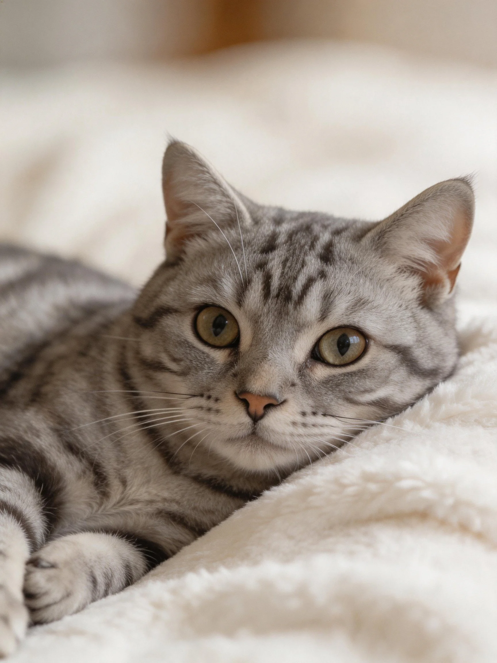 Gray tabby cat lounges on soft white fabric with bright eyes