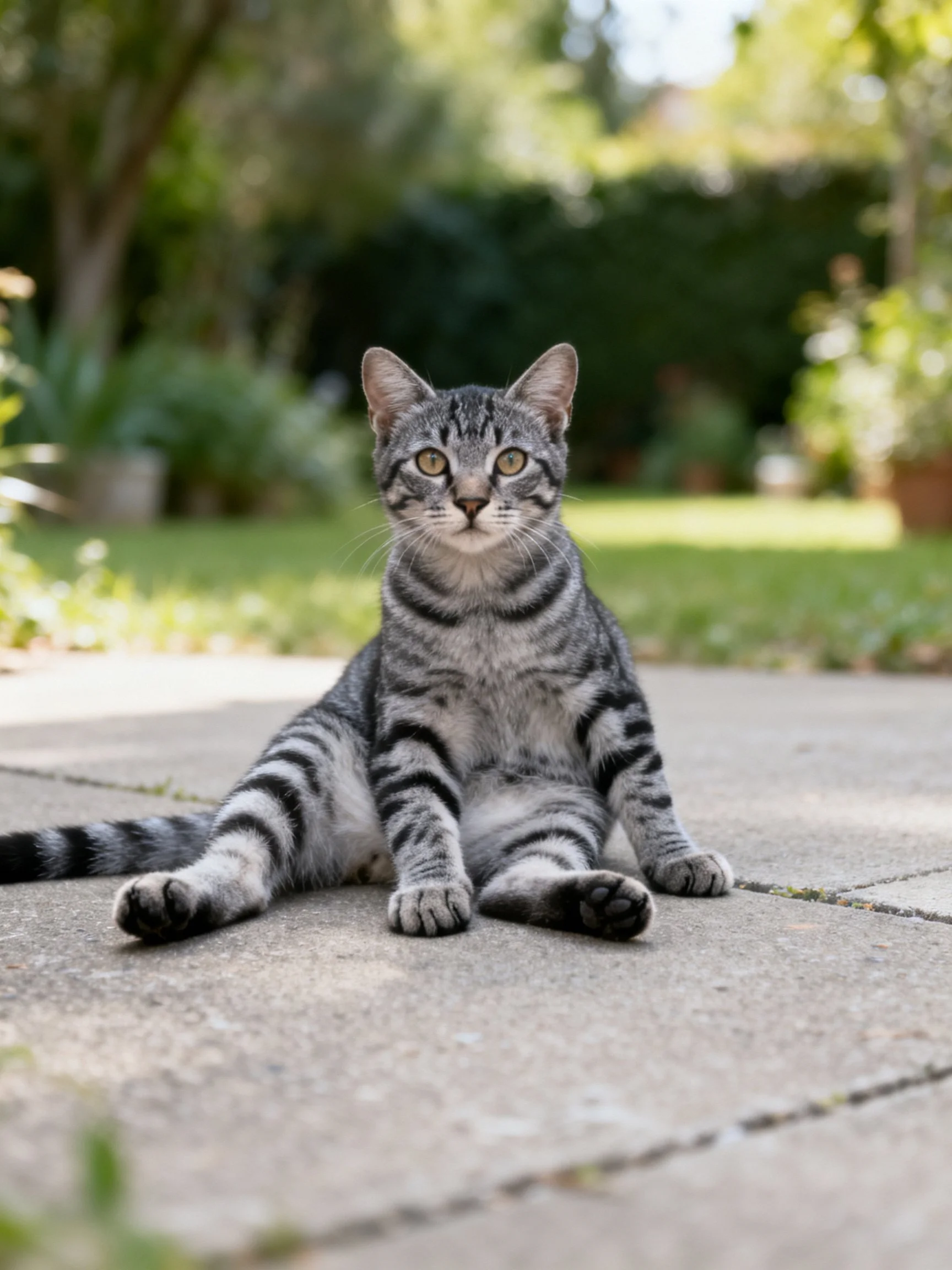 Gray tabby cat lounges on stone patio in sunlit garden