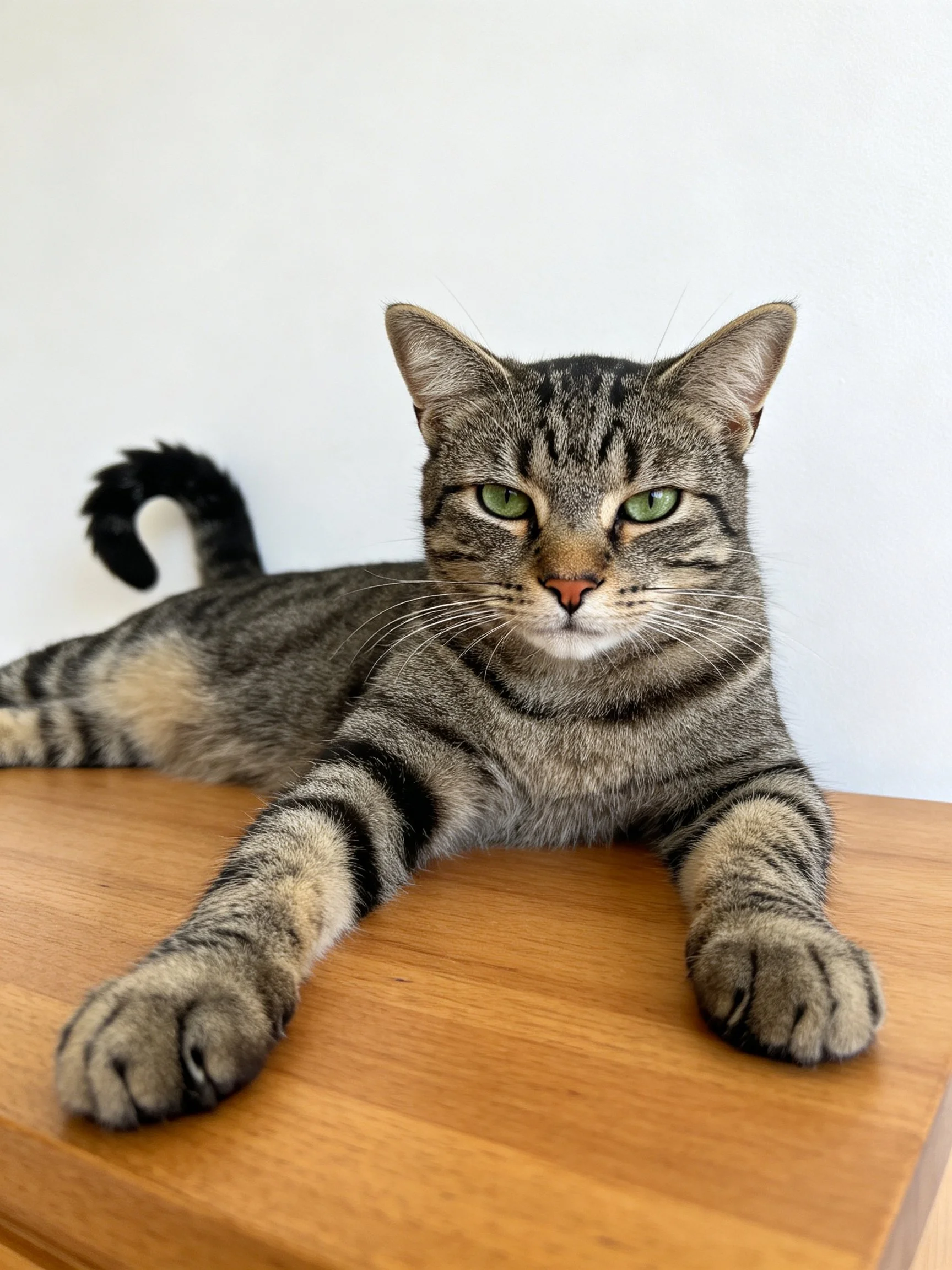 Gray tabby cat lounges on wooden surface with green eyes
