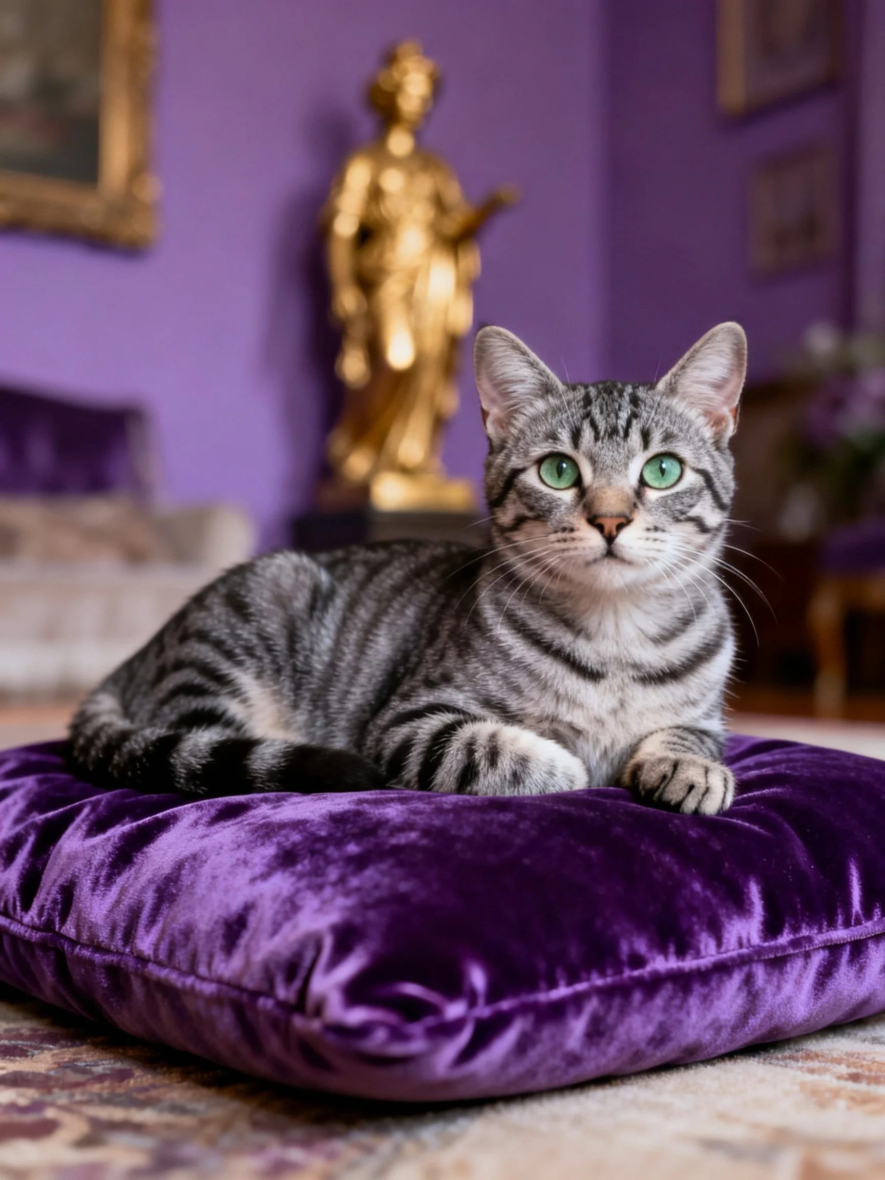 Gray tabby cat lounging on purple velvet cushion by golden statue