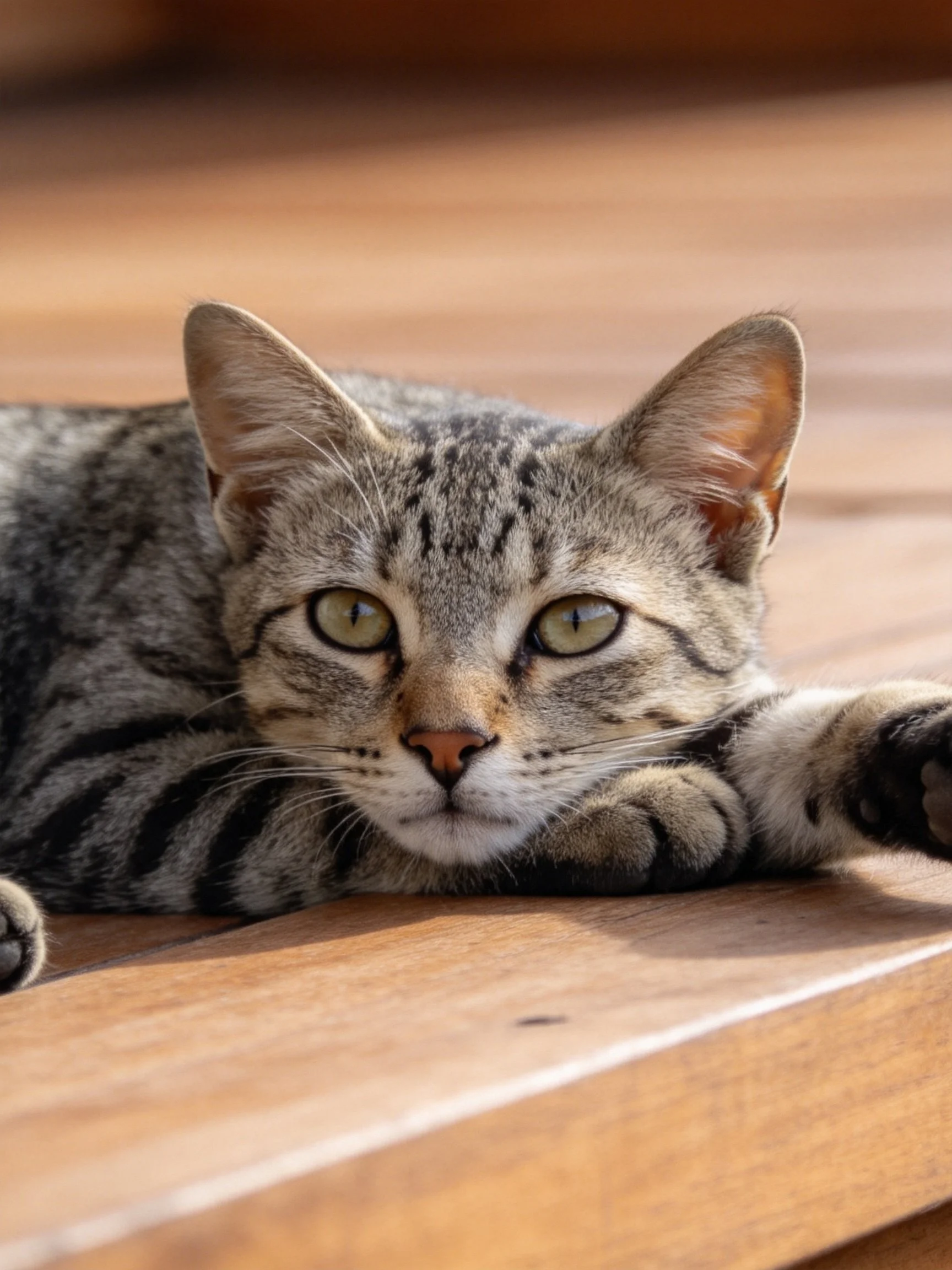 Gray tabby cat lounging on smooth wooden planks