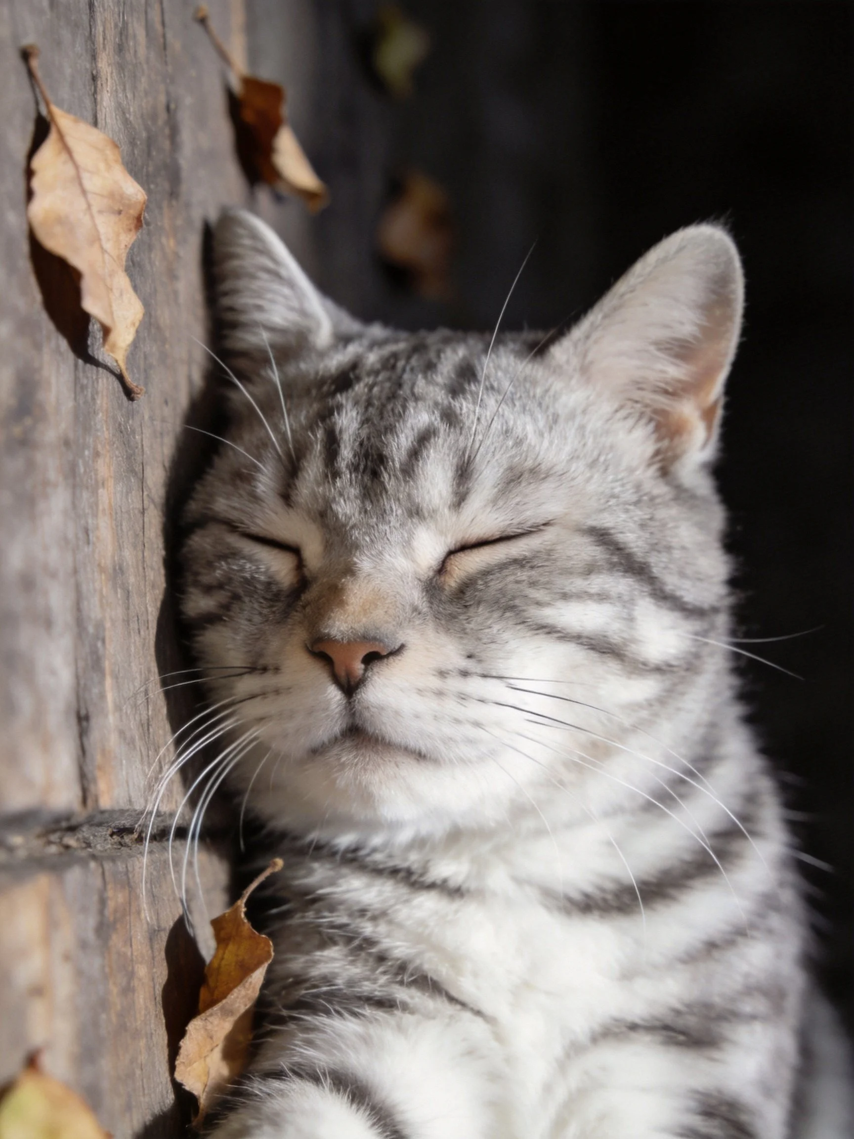 Gray tabby cat napping by aged wooden planks with dry leaves