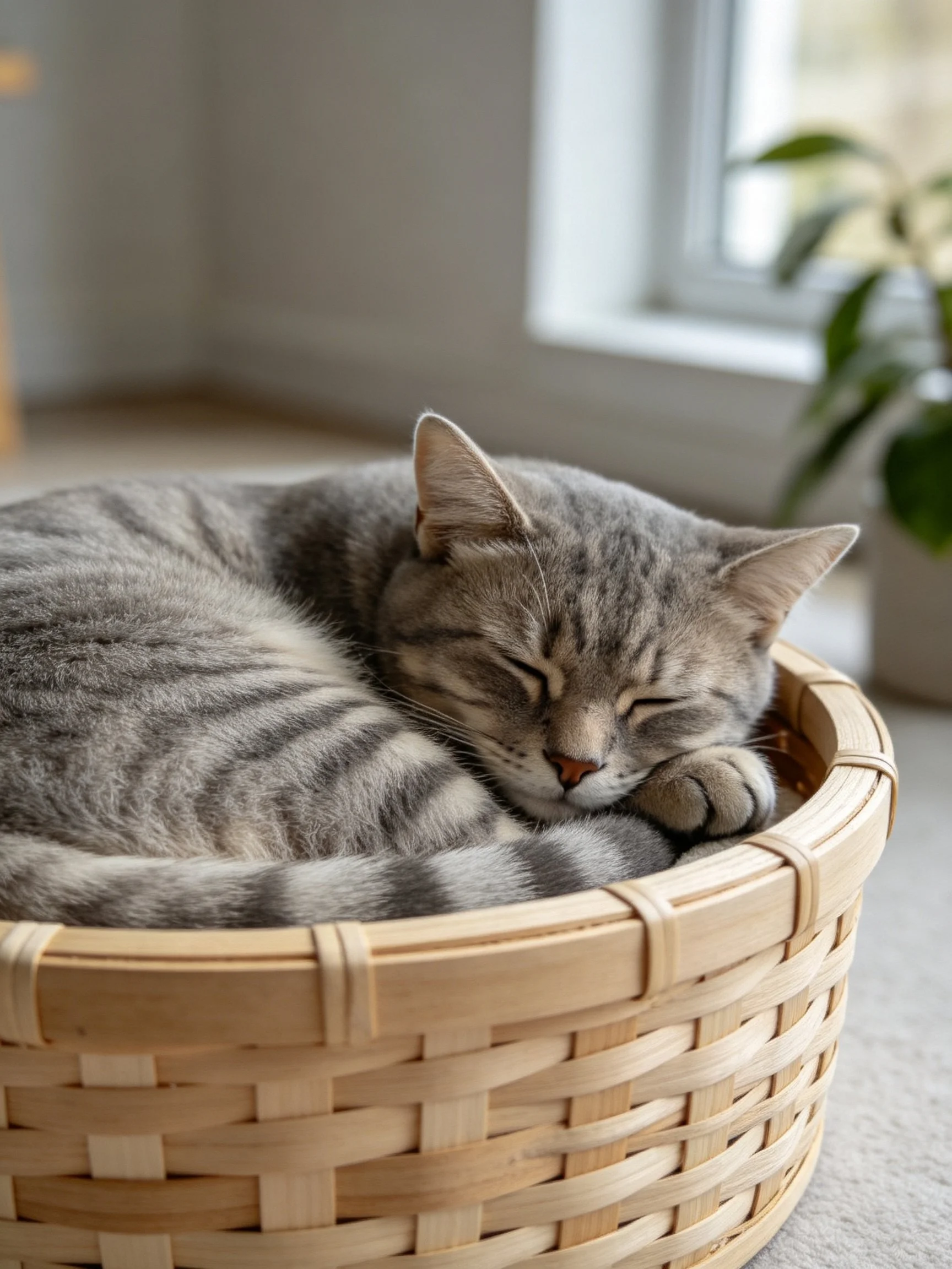 Gray tabby cat napping in a woven bamboo basket by a window