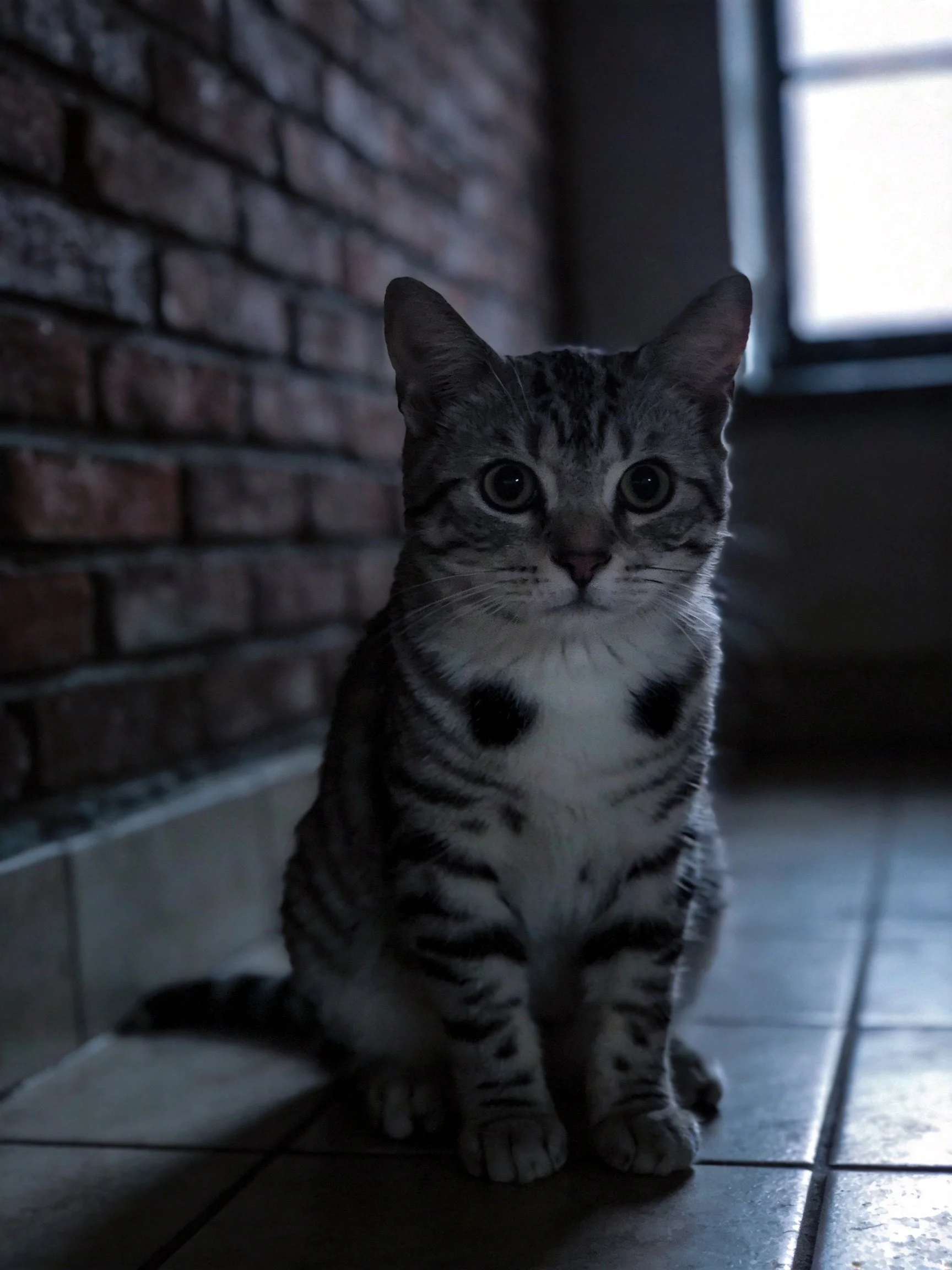 Gray tabby cat near aged brick wall in dim lighting