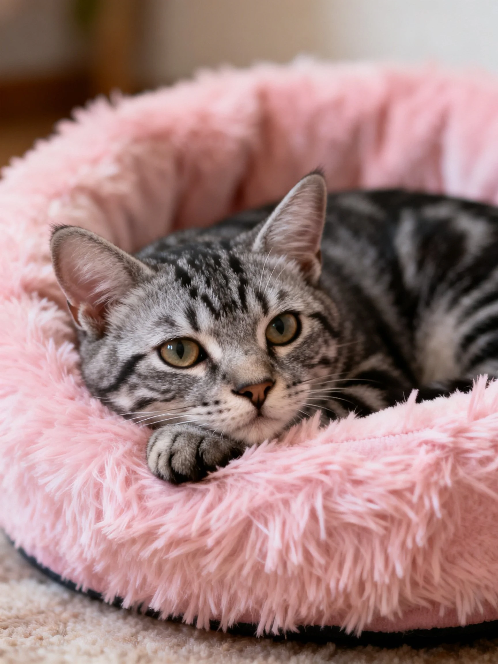 Gray tabby cat nestled in a plush pink pet bed
