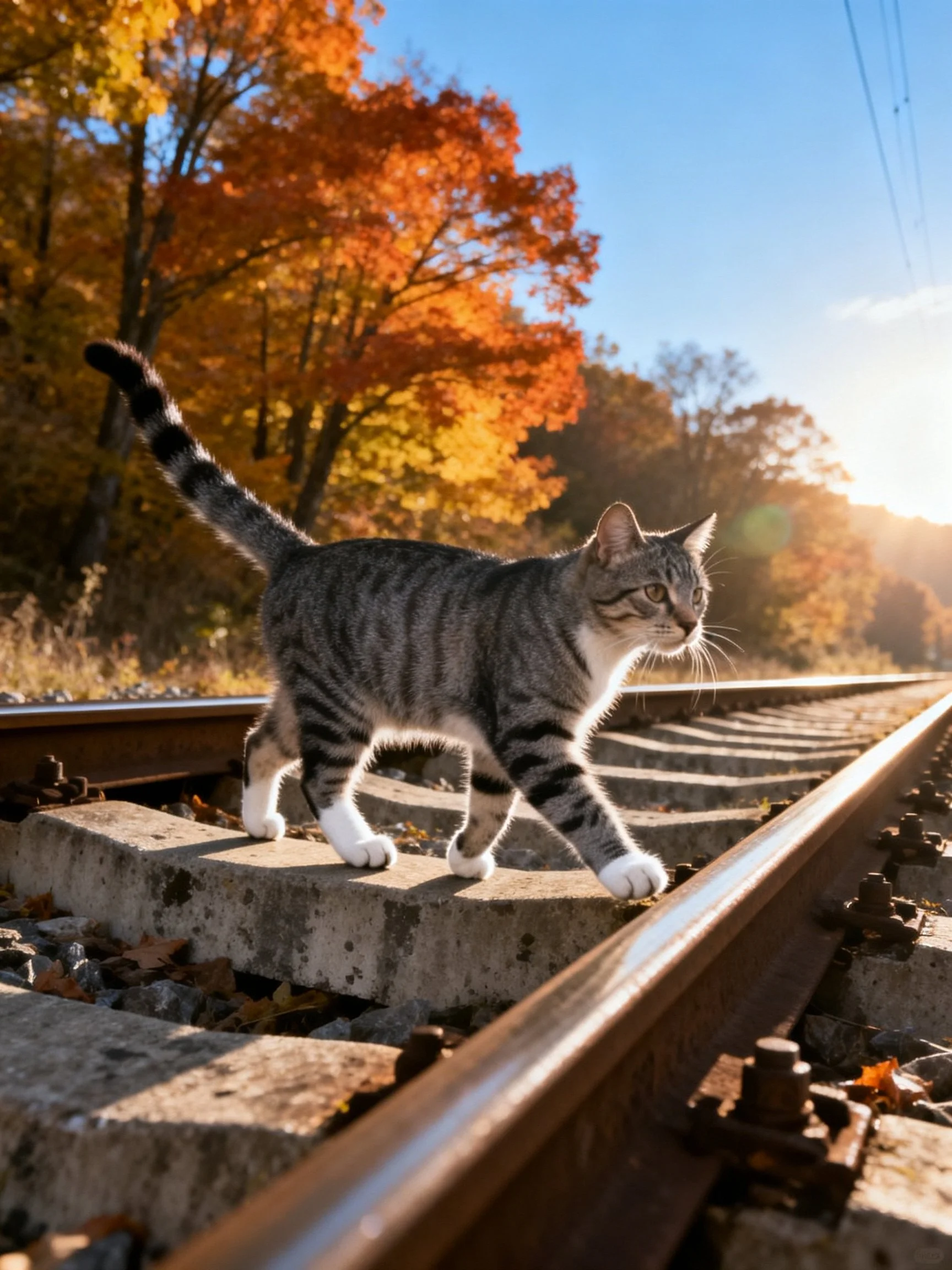 Gray tabby cat on railroad tracks amidst autumn foliage