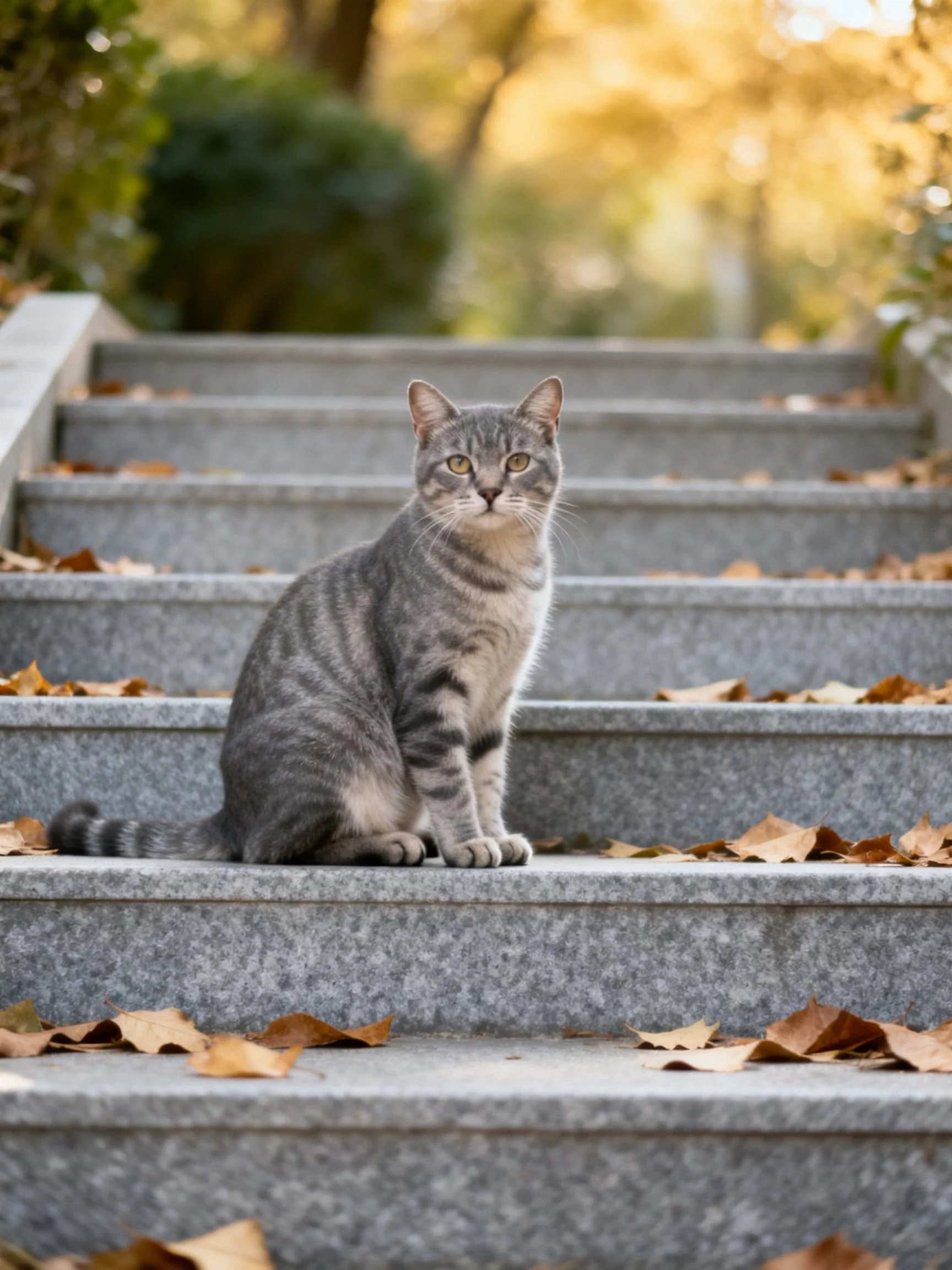 Gray tabby cat on stone steps with autumn leaves