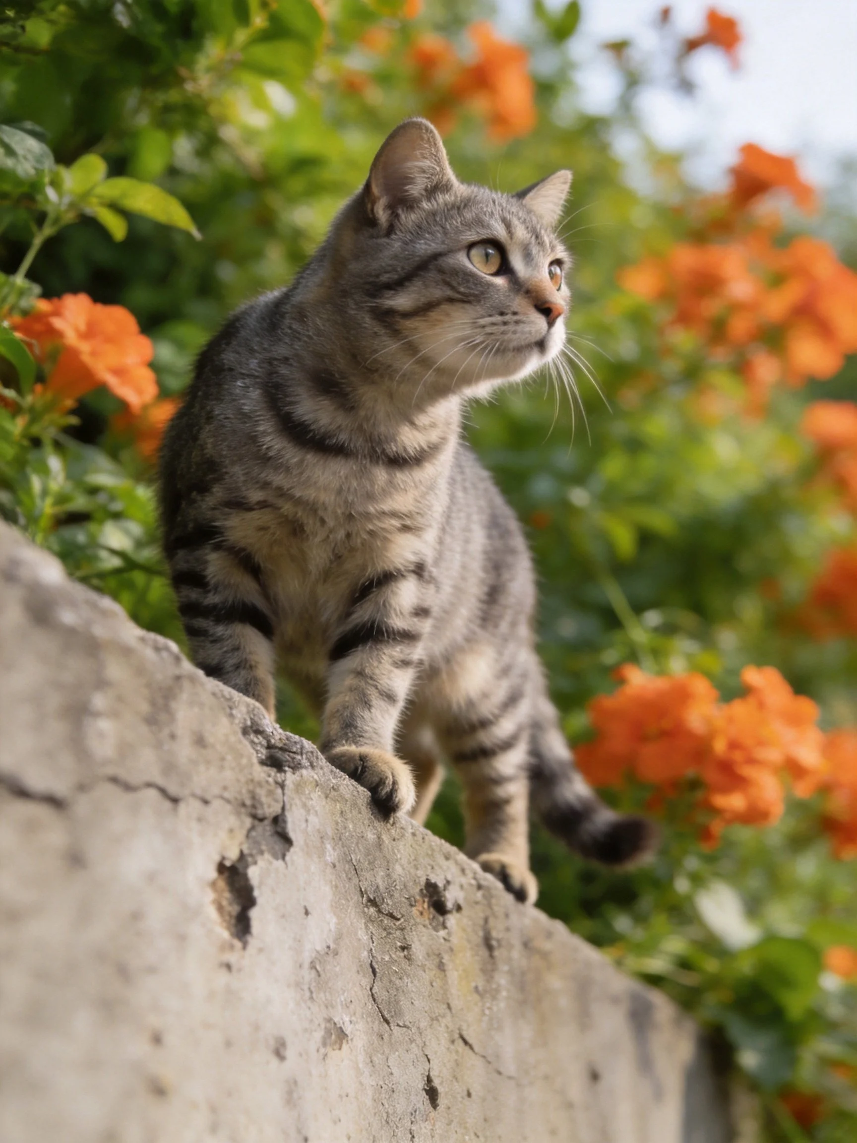 A gray tabby cat stands alertly on a stone wall amid bright orange blossoms.