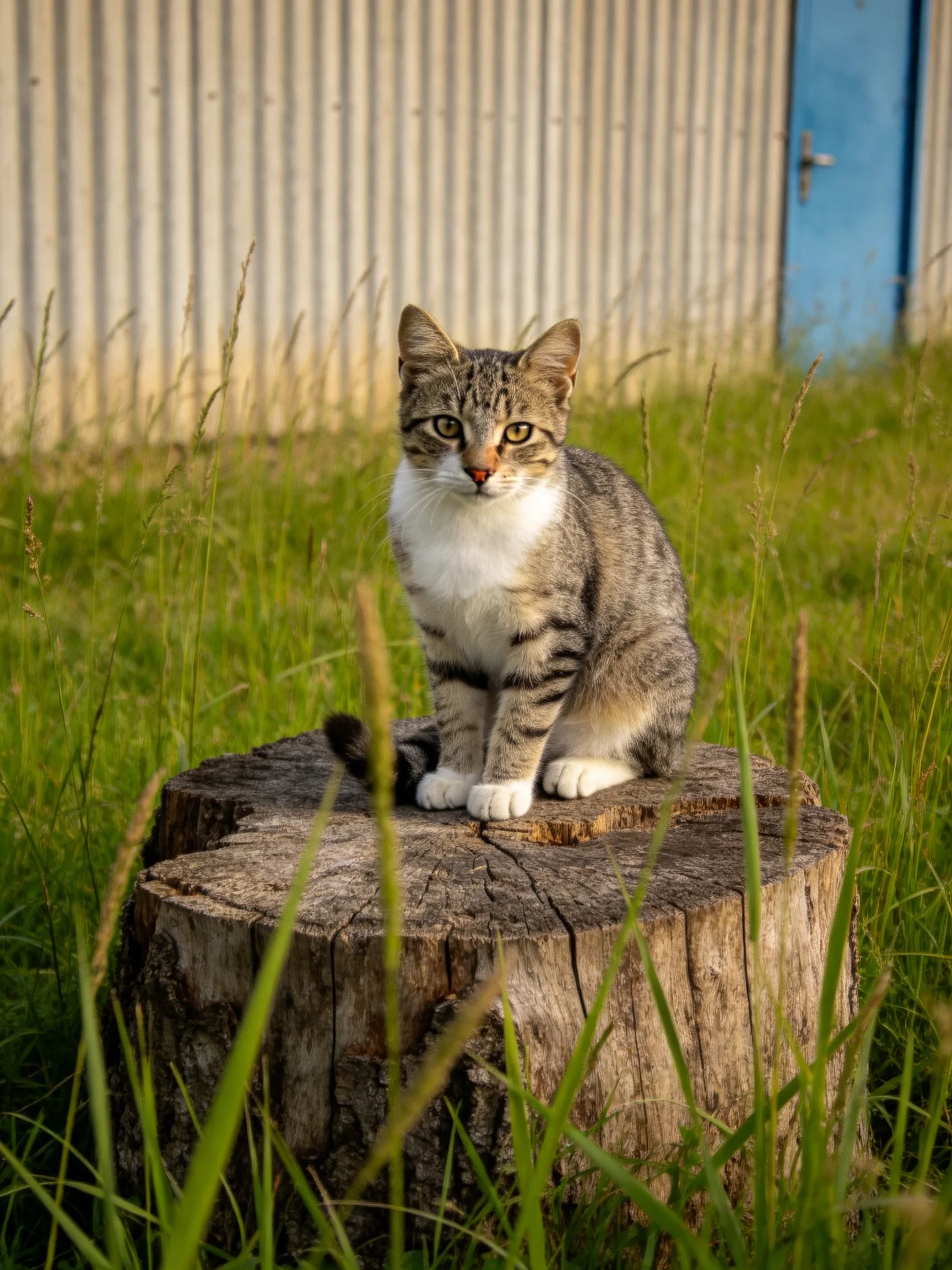 Tabby cat sits on tree stump near tall grass and corrugated building.