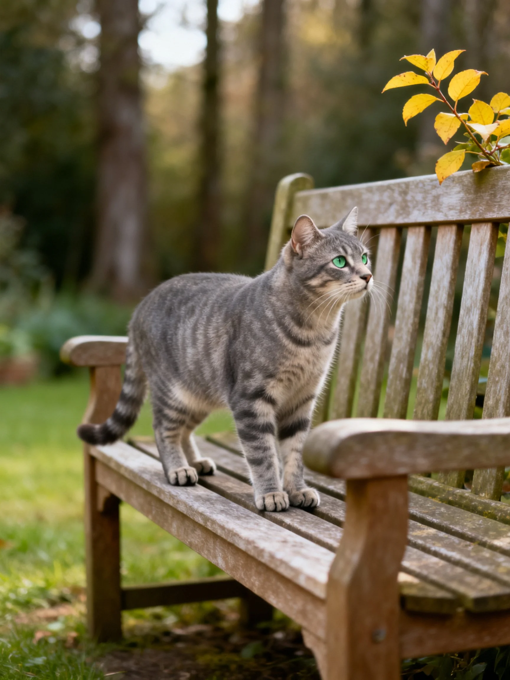 Gray tabby cat on weathered wooden bench in garden