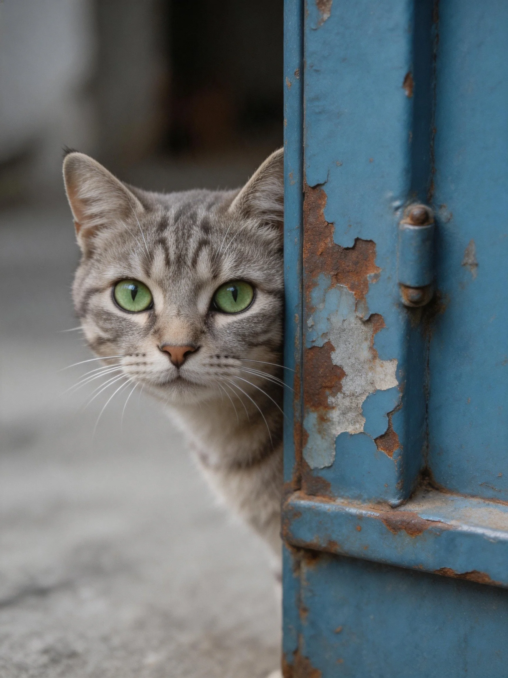 Gray tabby cat peeks from behind peeling blue metal structure