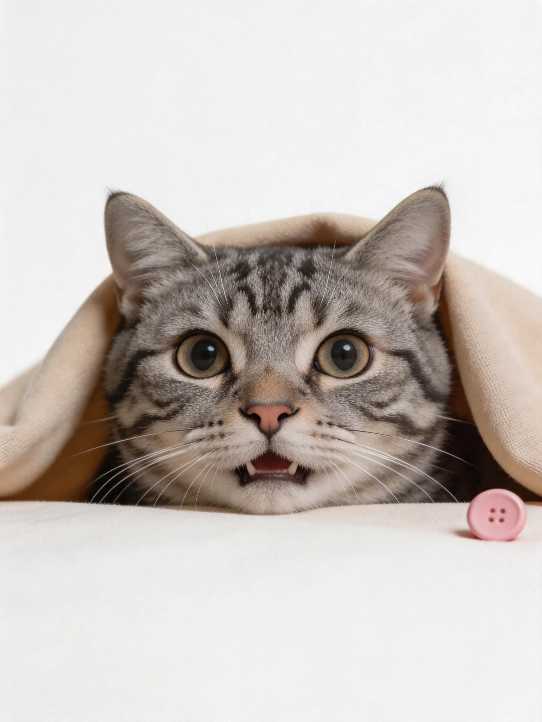Gray tabby cat peeks from beige cloth near pink button