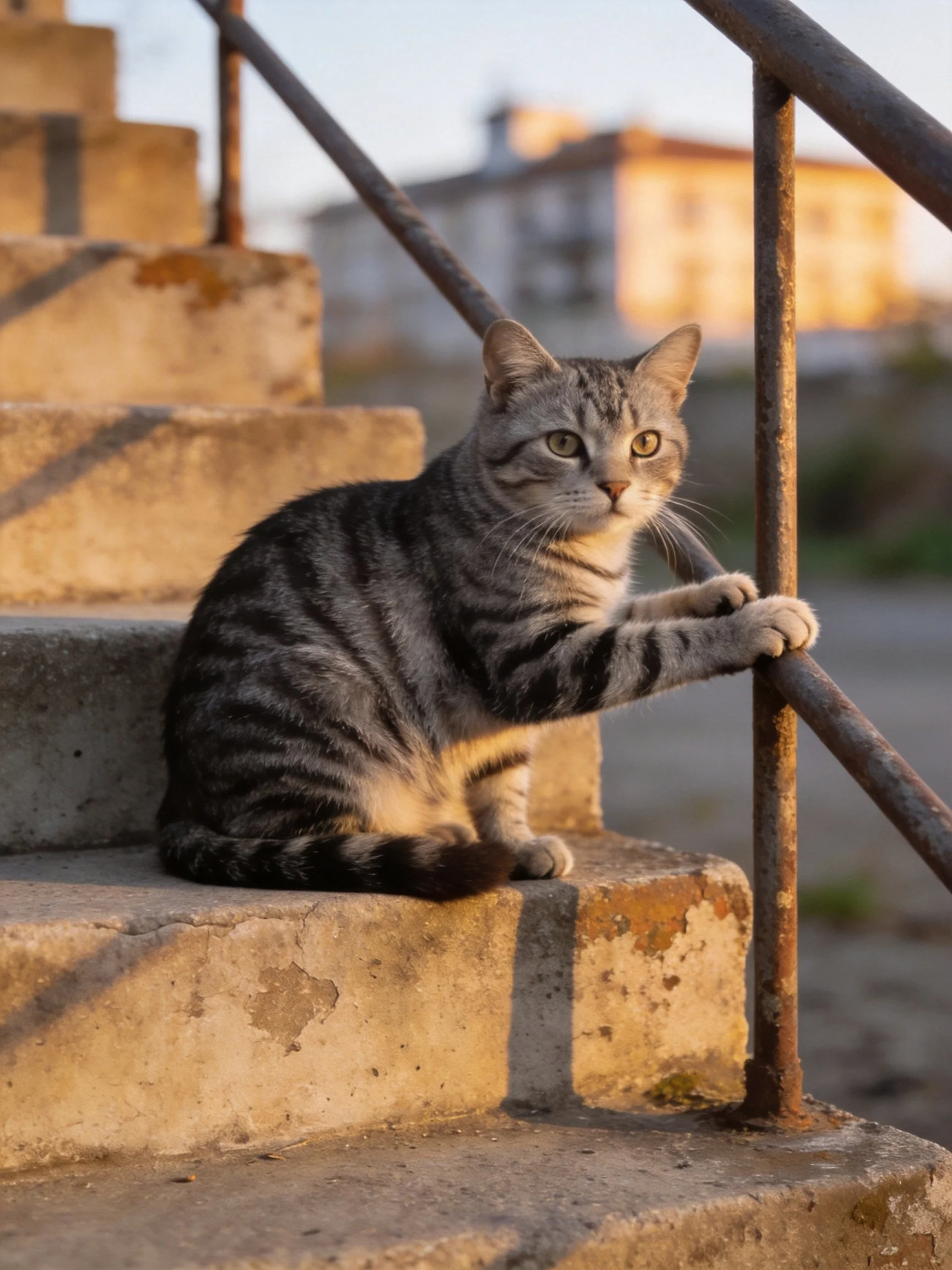 Gray tabby cat rests on weathered concrete stairs by a rusty handrail.