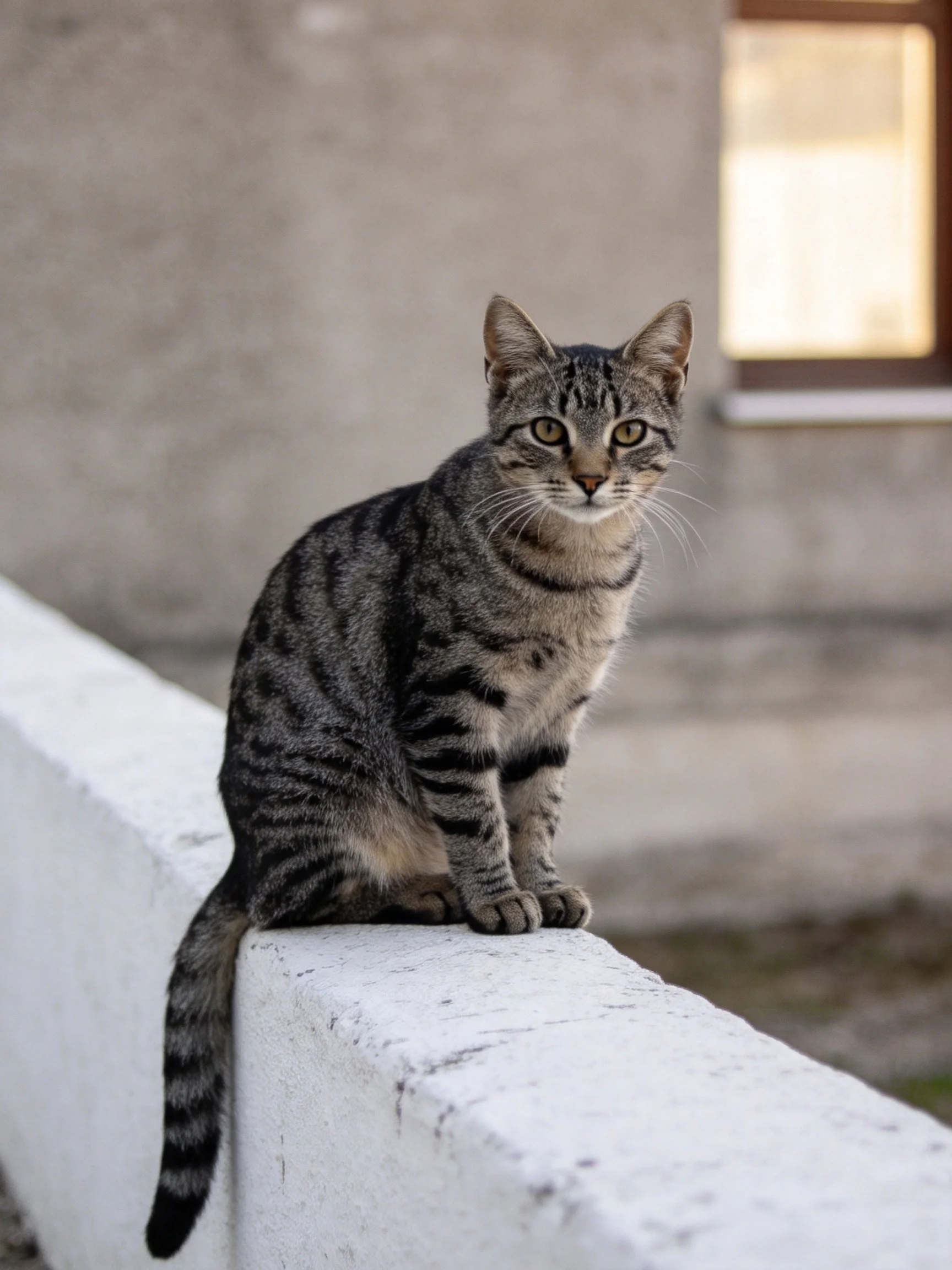 Gray tabby cat sits calmly on white ledge near concrete structure