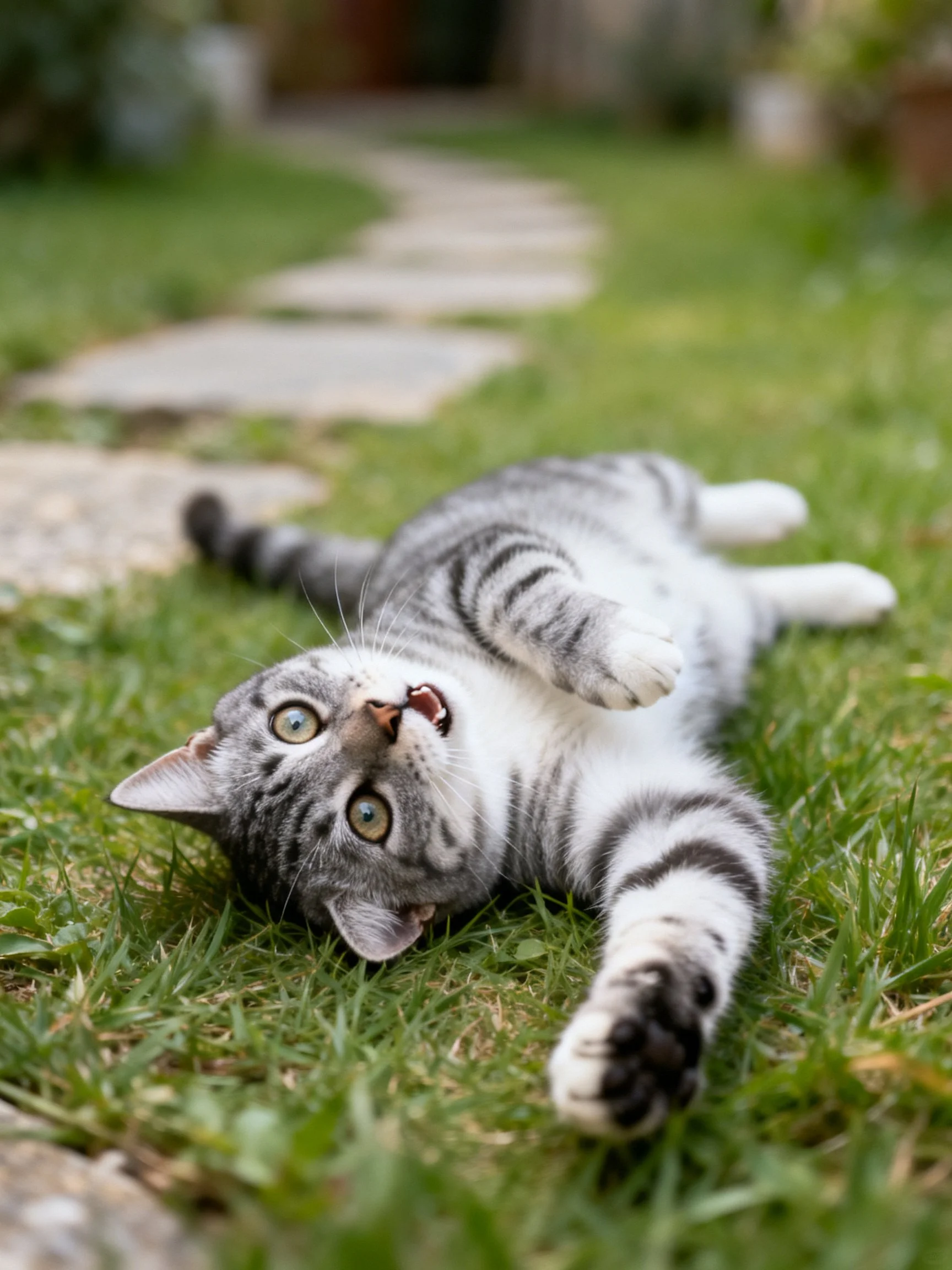 Gray tabby cat playfully rolling on lush green grass near stone path