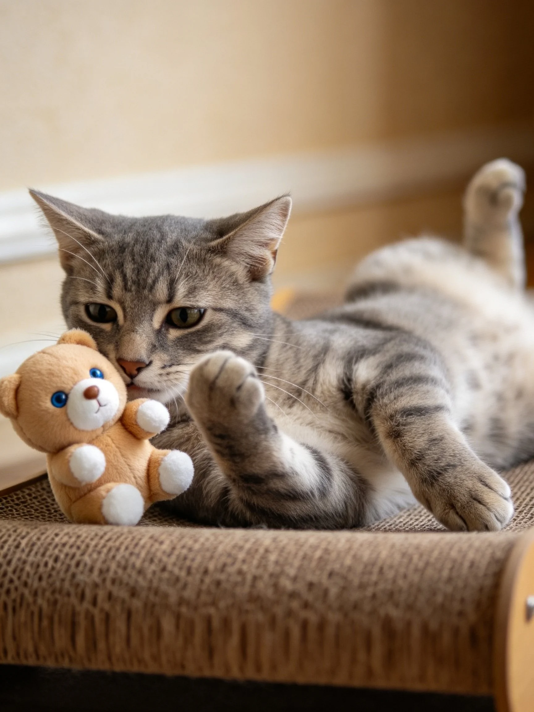 Gray tabby cat plays with small brown teddy bear on textured surface