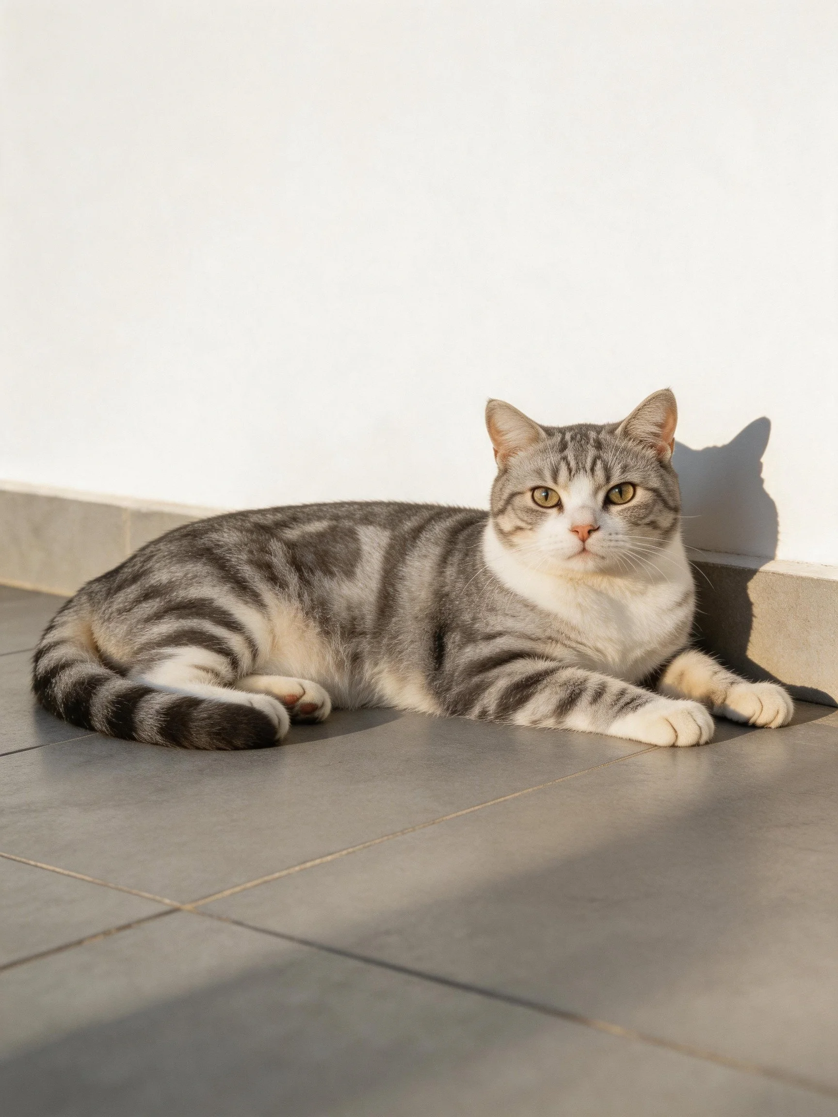 Gray tabby cat relaxes beside a white wall on tiled ground.