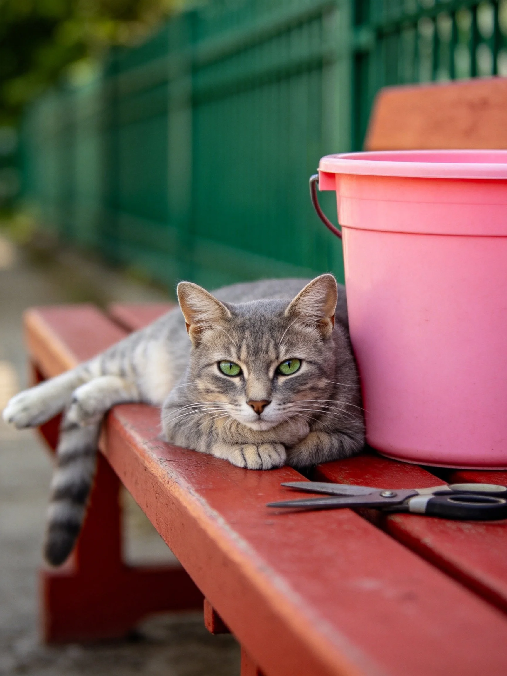 Gray tabby cat resting next to pink bucket on red bench