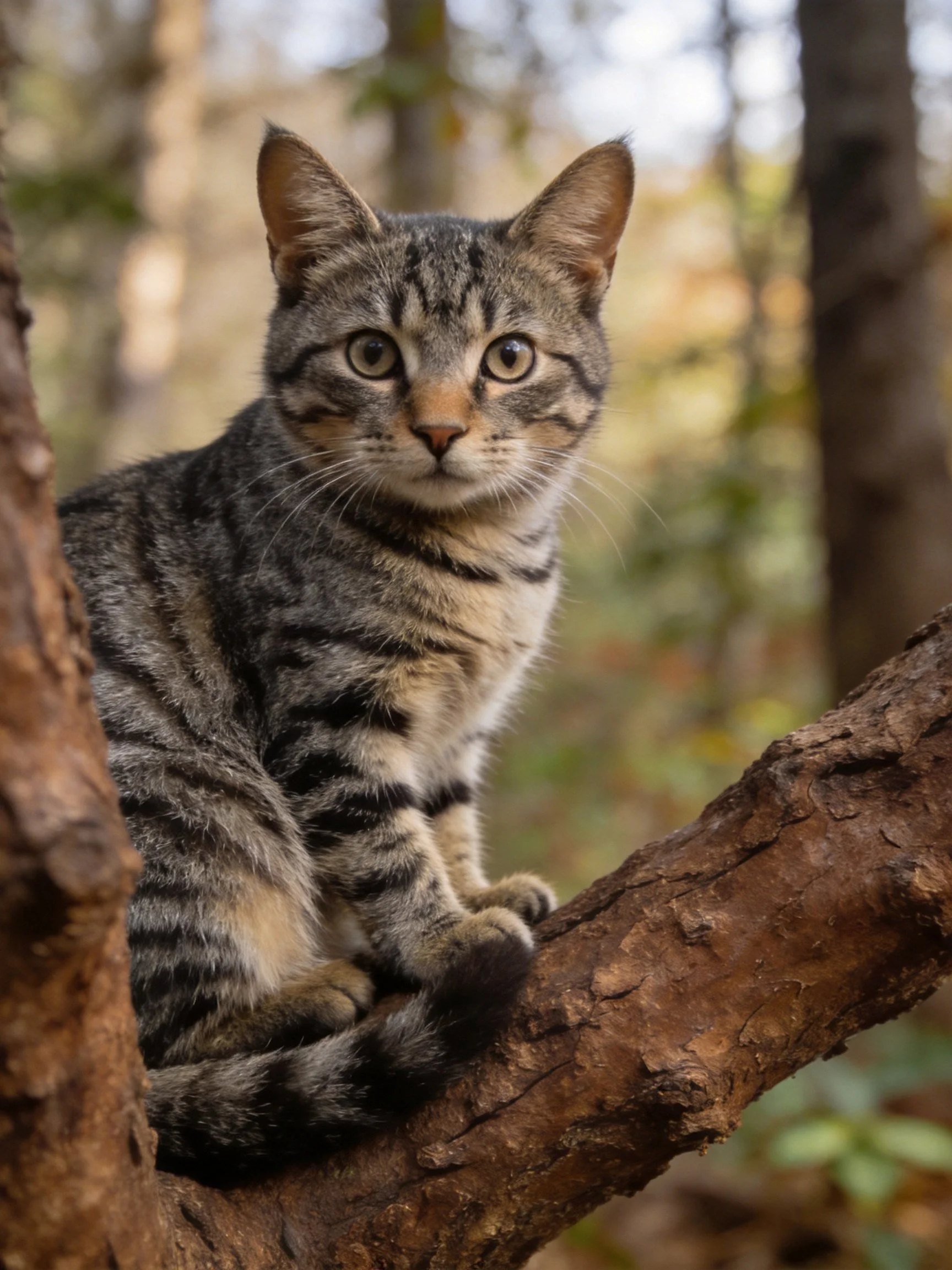 A gray tabby cat sits on a tree branch amid forest surroundings.