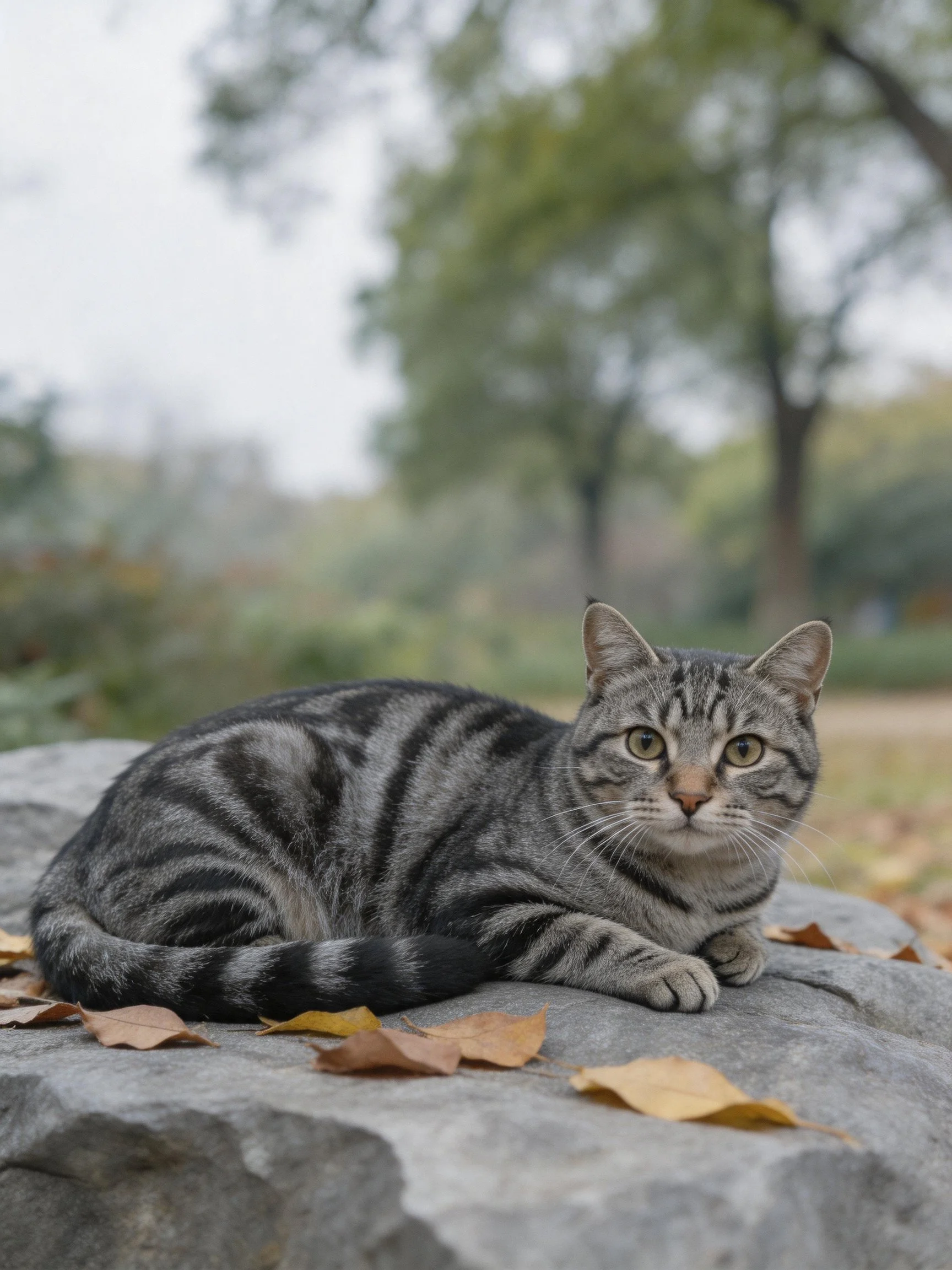 A gray tabby cat rests on a stone surrounded by autumn leaves.