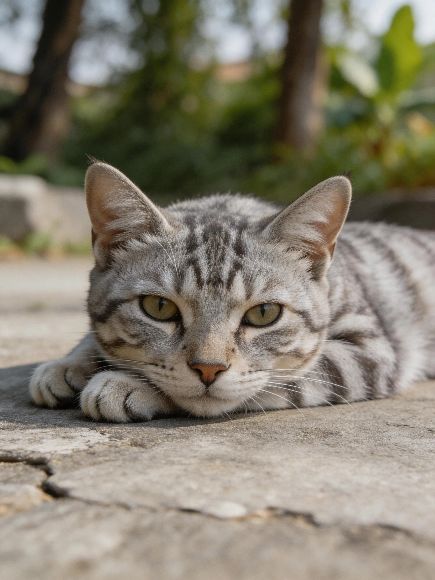 A gray tabby cat lies calmly on a cracked stone surface in an outdoor environment.