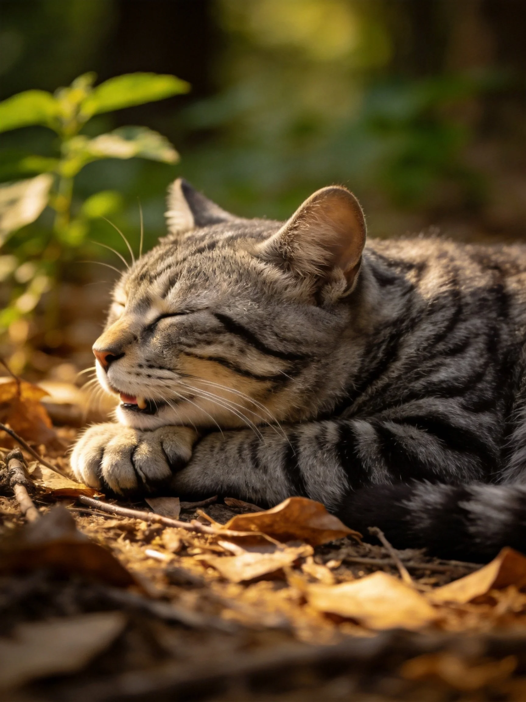 Gray tabby cat resting on autumn leaves in warm sunlight