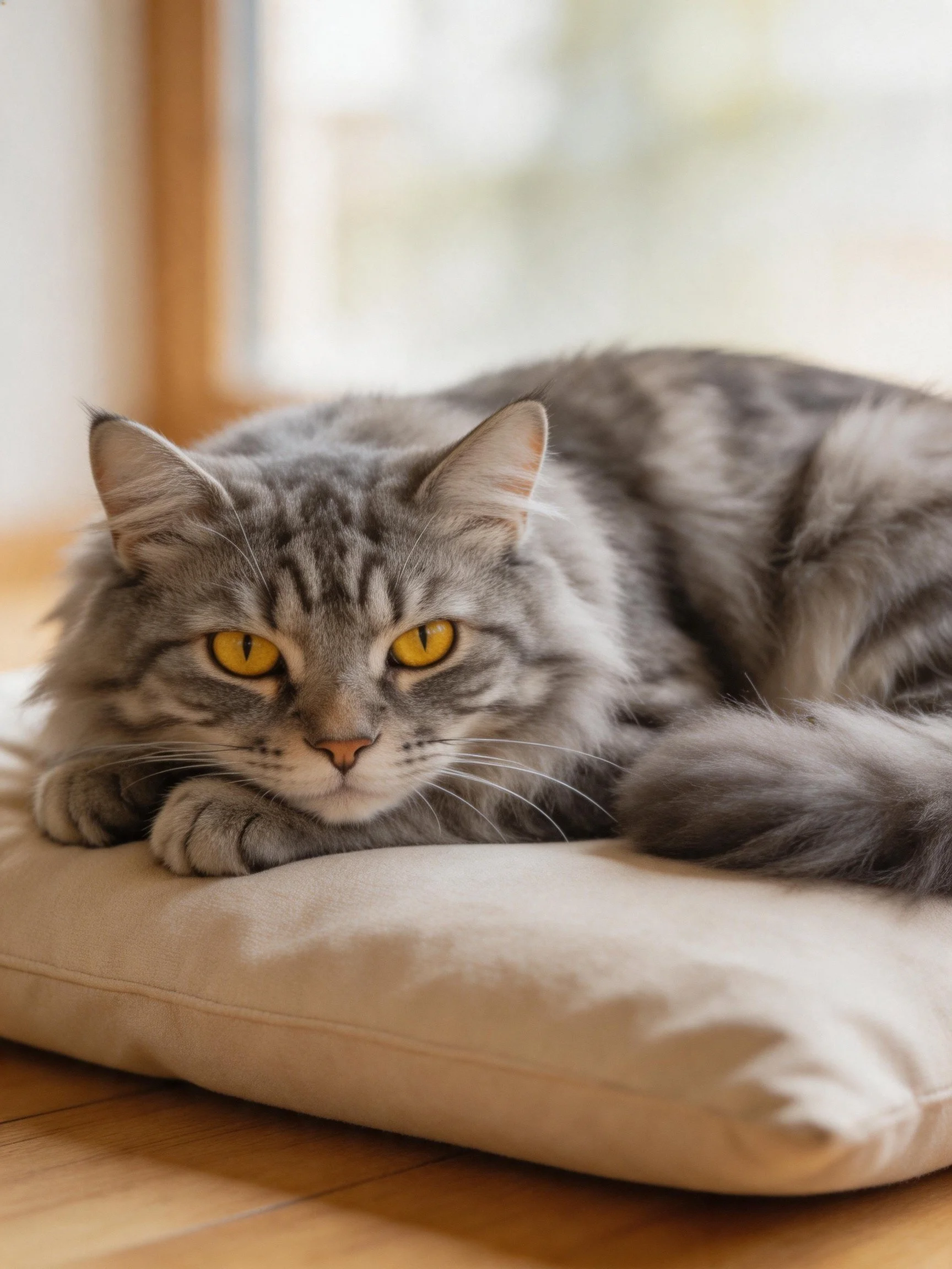 A gray tabby cat relaxes on a cushion near a sunlit window.