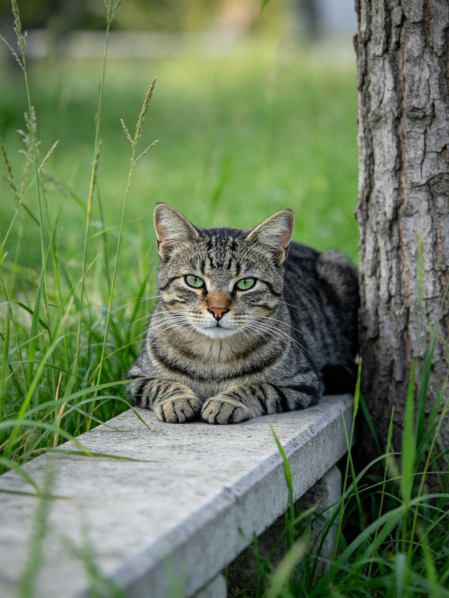 Gray tabby cat resting on concrete ledge by tree in greenery