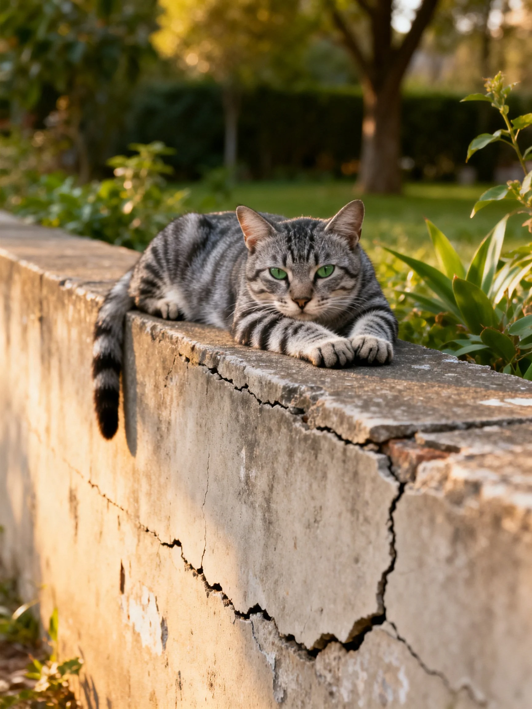 Gray tabby cat resting on cracked concrete ledge