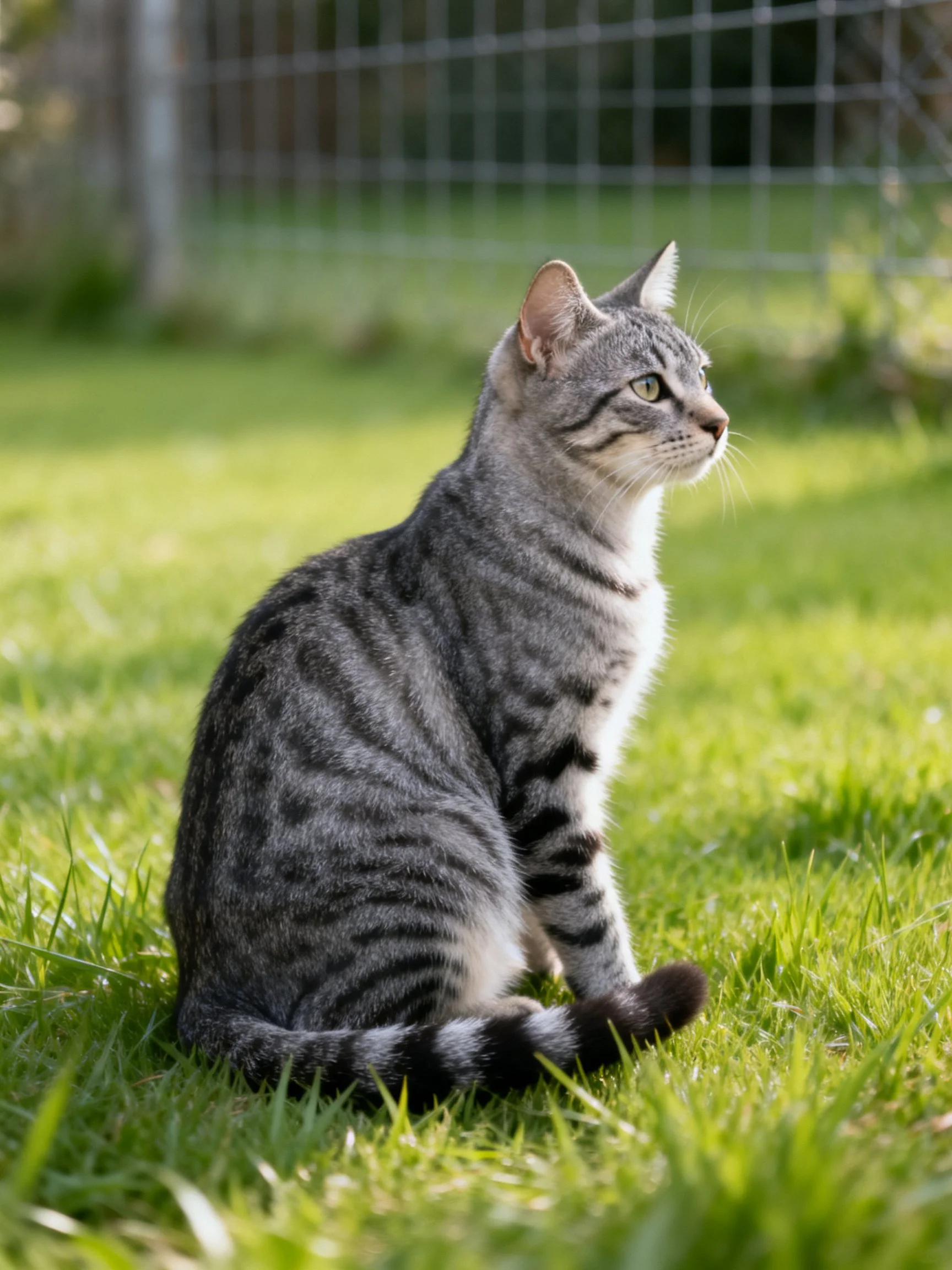 A gray tabby cat sits peacefully on green grass next to a wire fence.