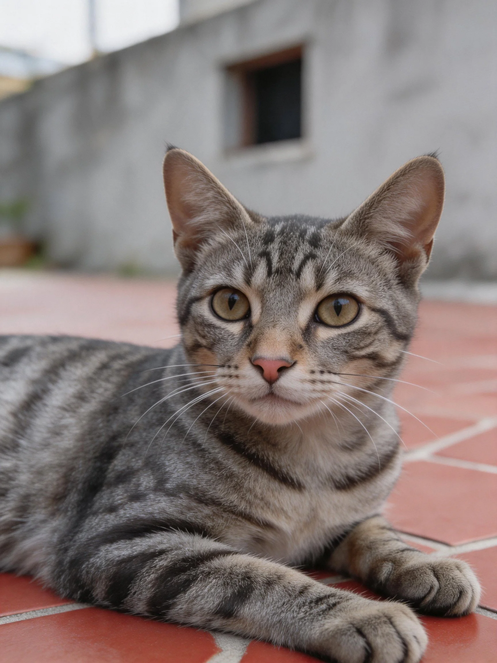 Gray tabby cat resting on red tiles near gray concrete structure