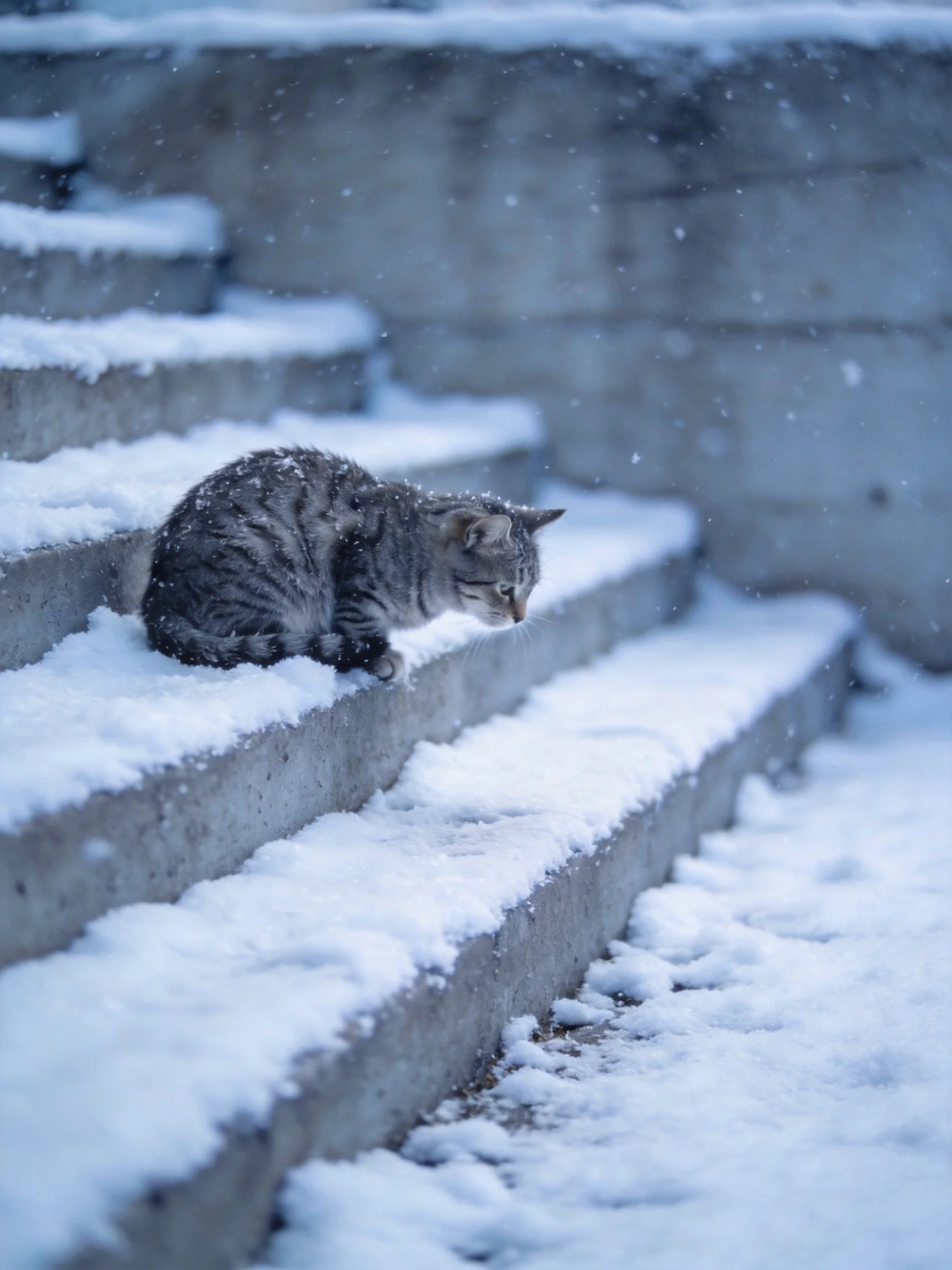 Gray tabby cat resting on snow-draped concrete steps