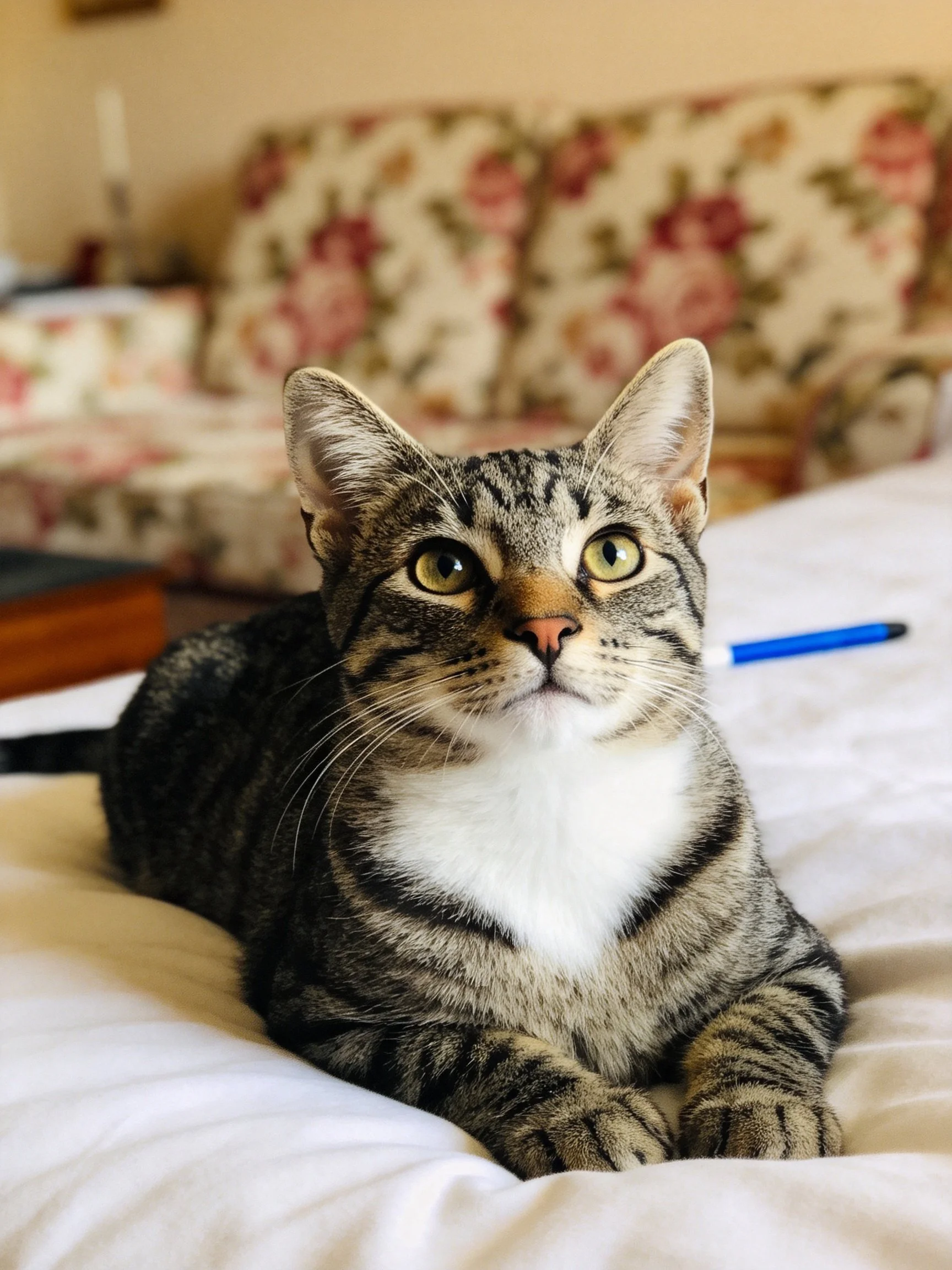 A gray tabby cat lounges on white bedding with a floral sofa in the background.