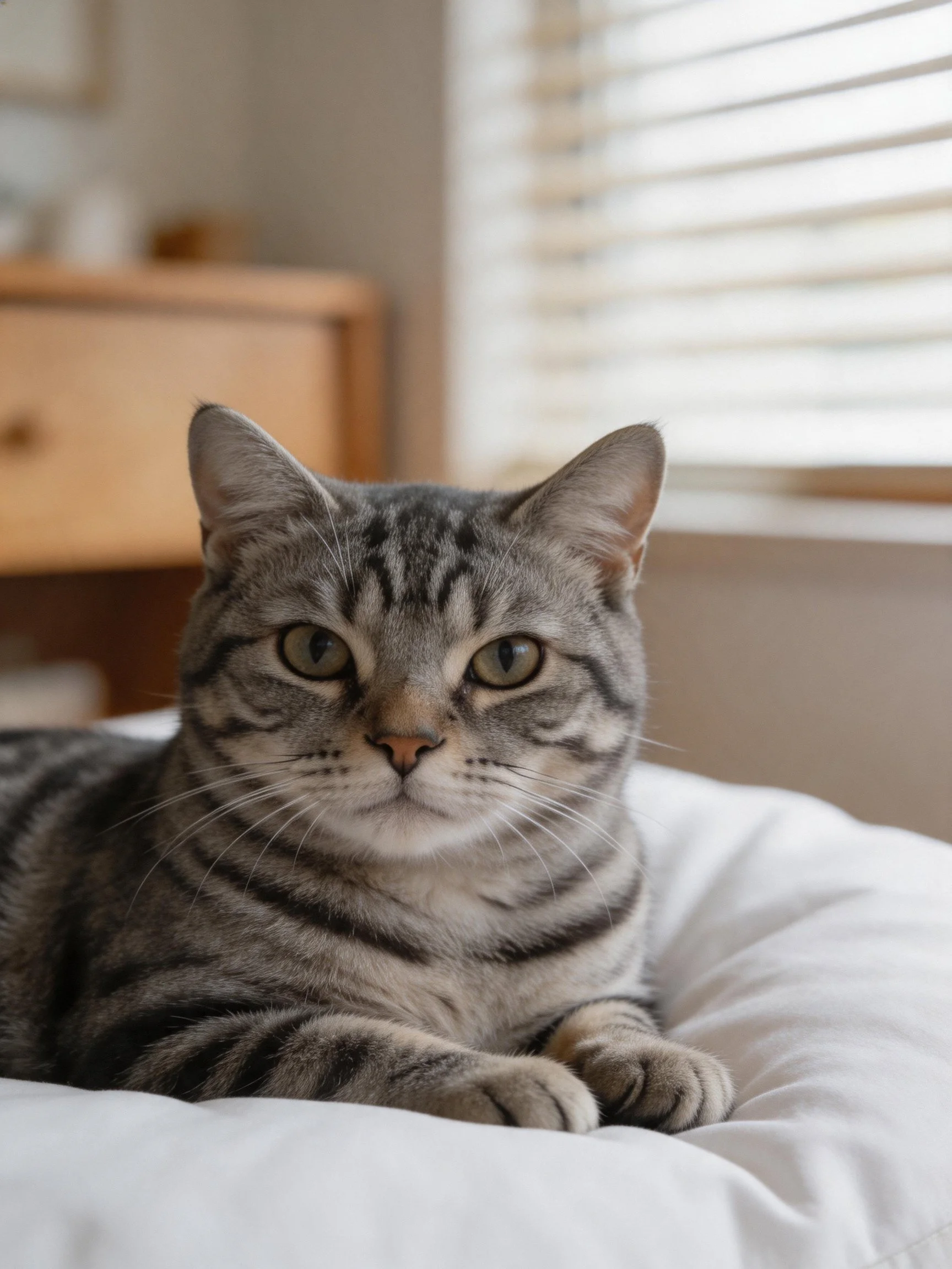 A gray tabby cat rests on a white cushion in a room with wooden furniture and window blinds