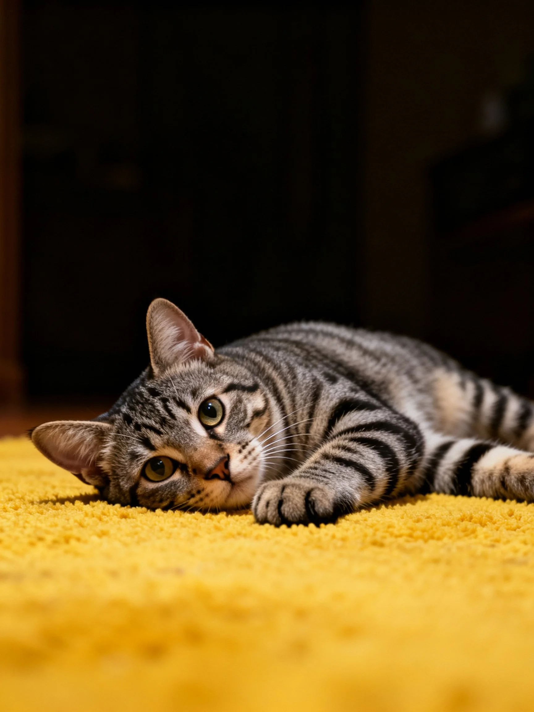 A gray tabby cat rests on a yellow carpet in a dimly lit area.