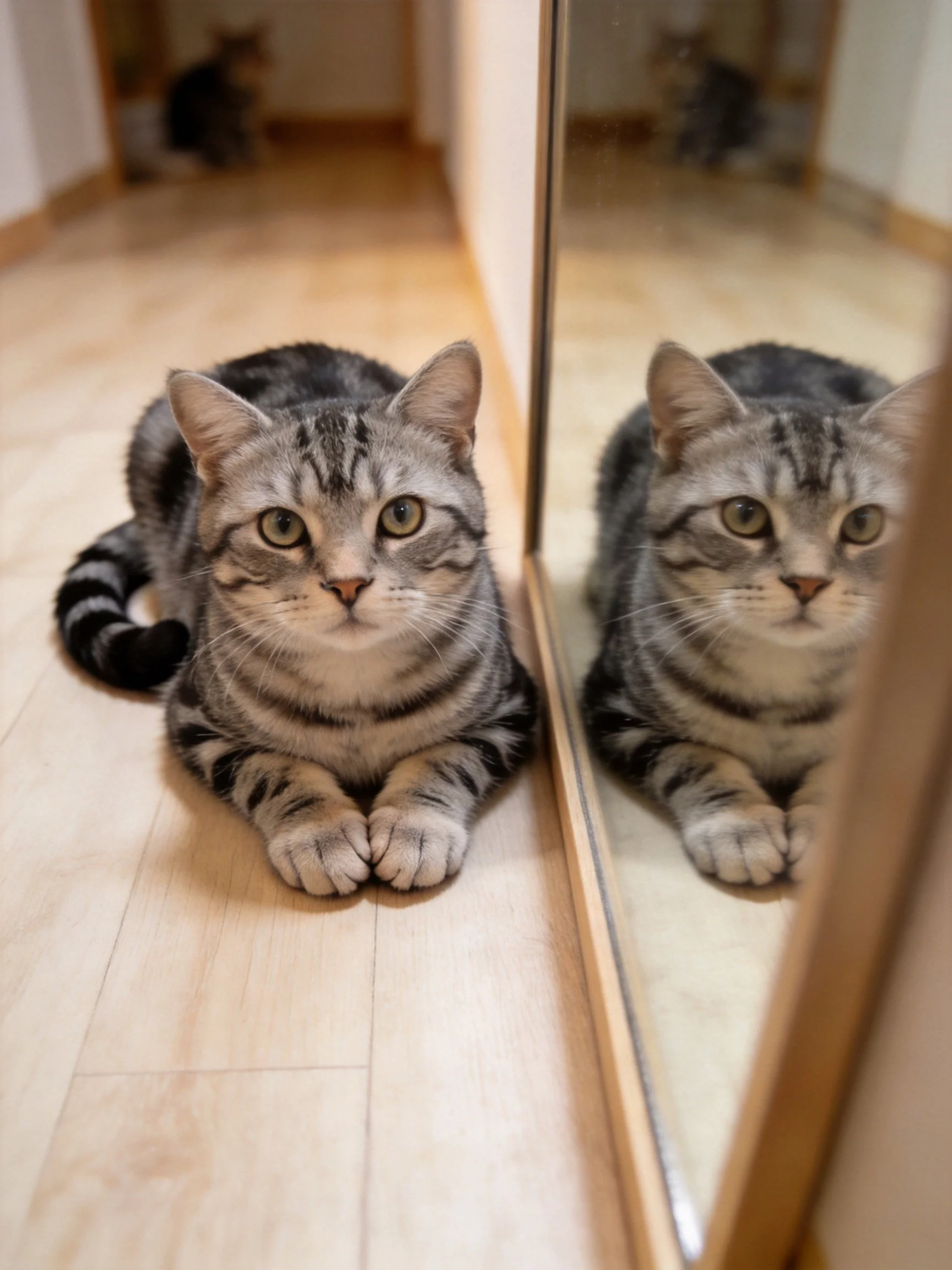 Gray tabby cat rests near large mirror on light wood floor
