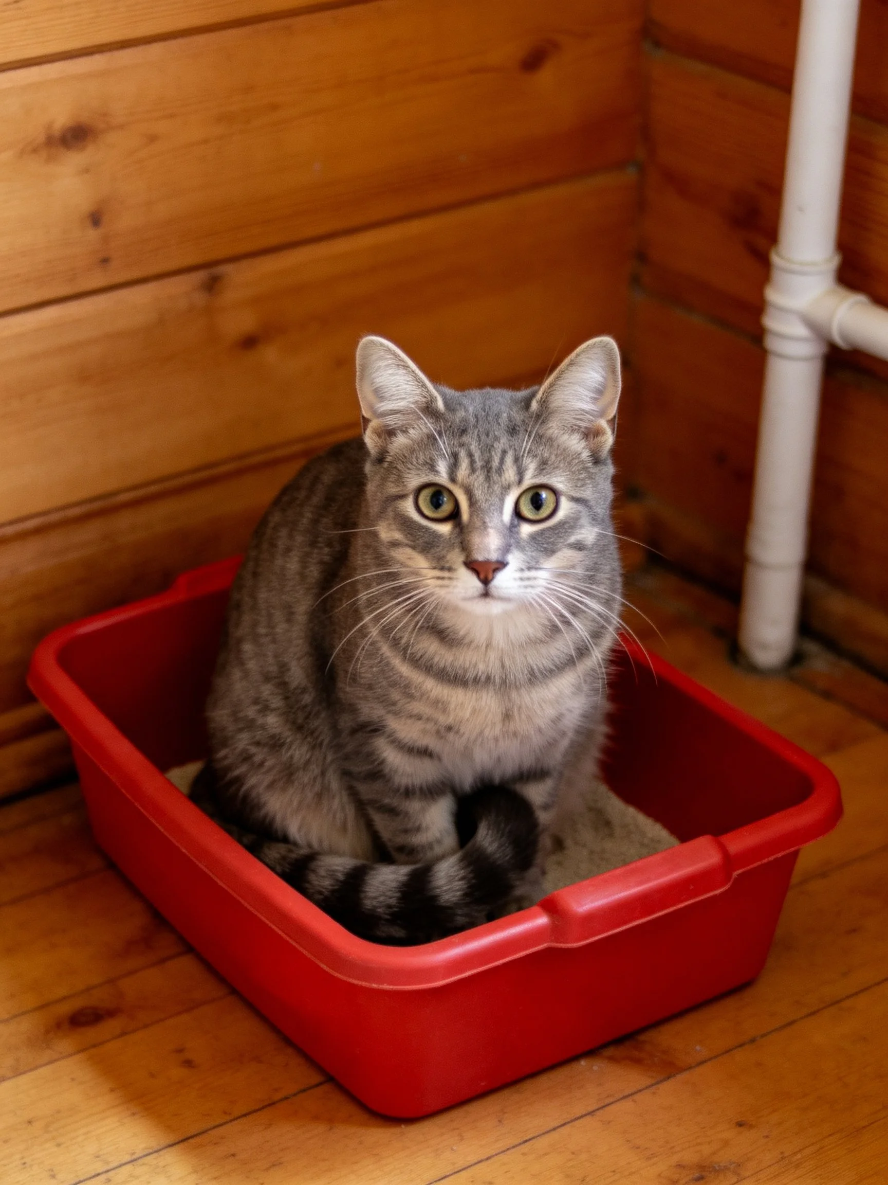 Gray tabby cat sits in red litter box inside wooden enclosed space.