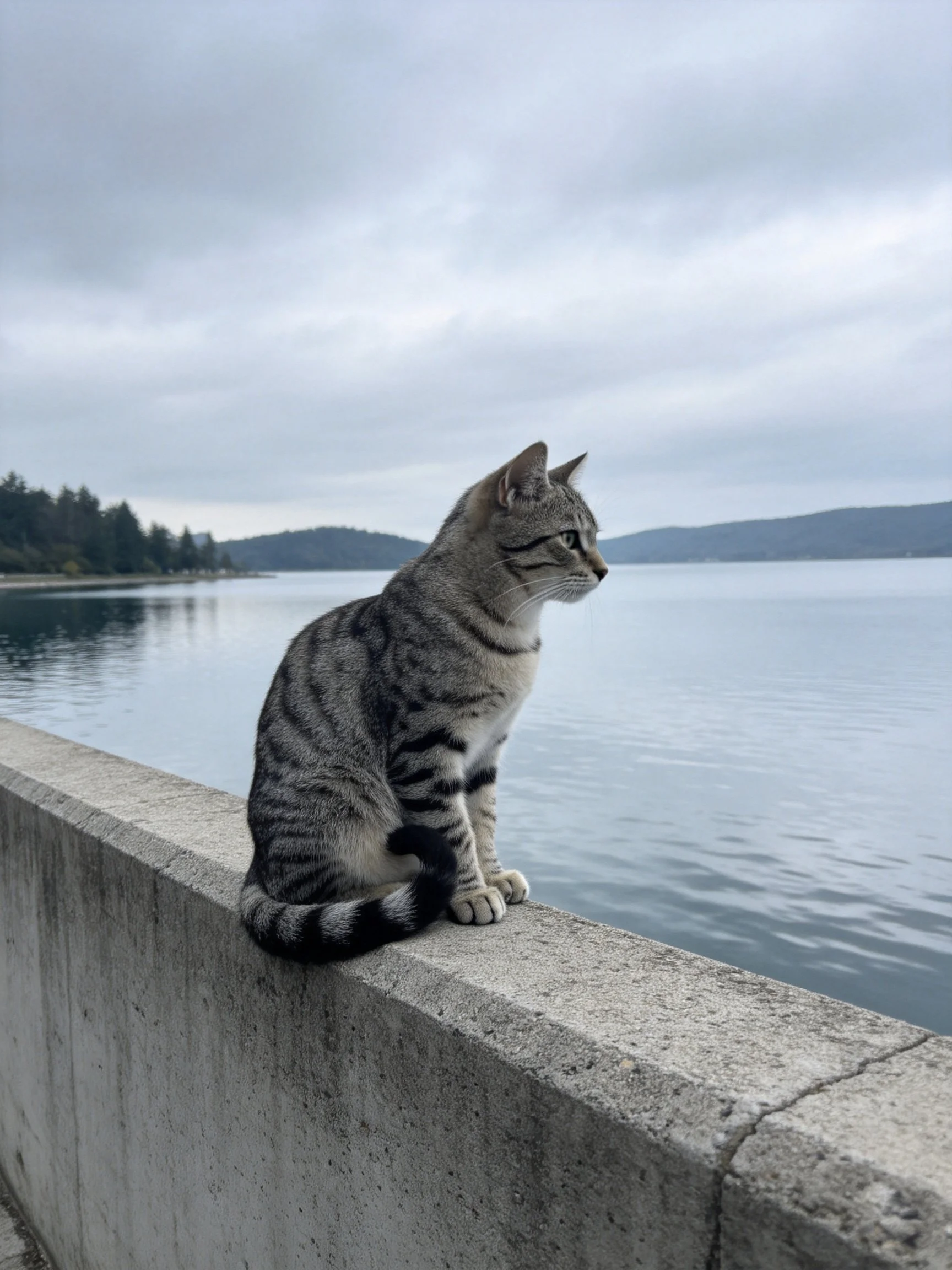 Gray tabby cat sits on concrete ledge by calm water