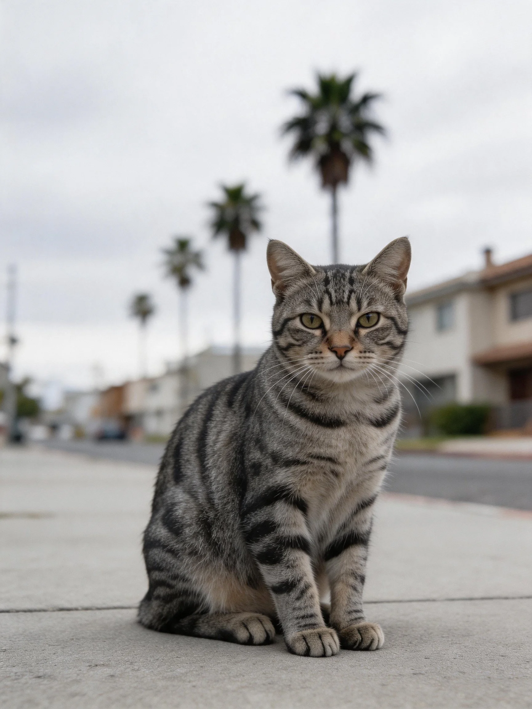 Gray tabby cat sits on concrete sidewalk near palm trees