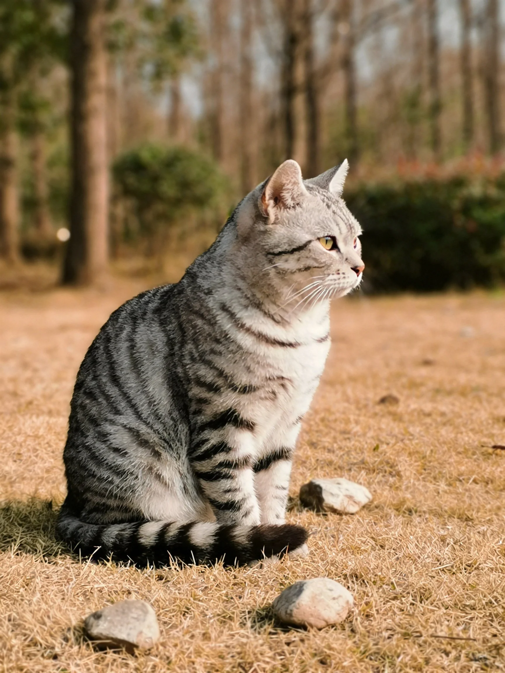 Gray tabby cat sits on dry grass with rocks andtrees