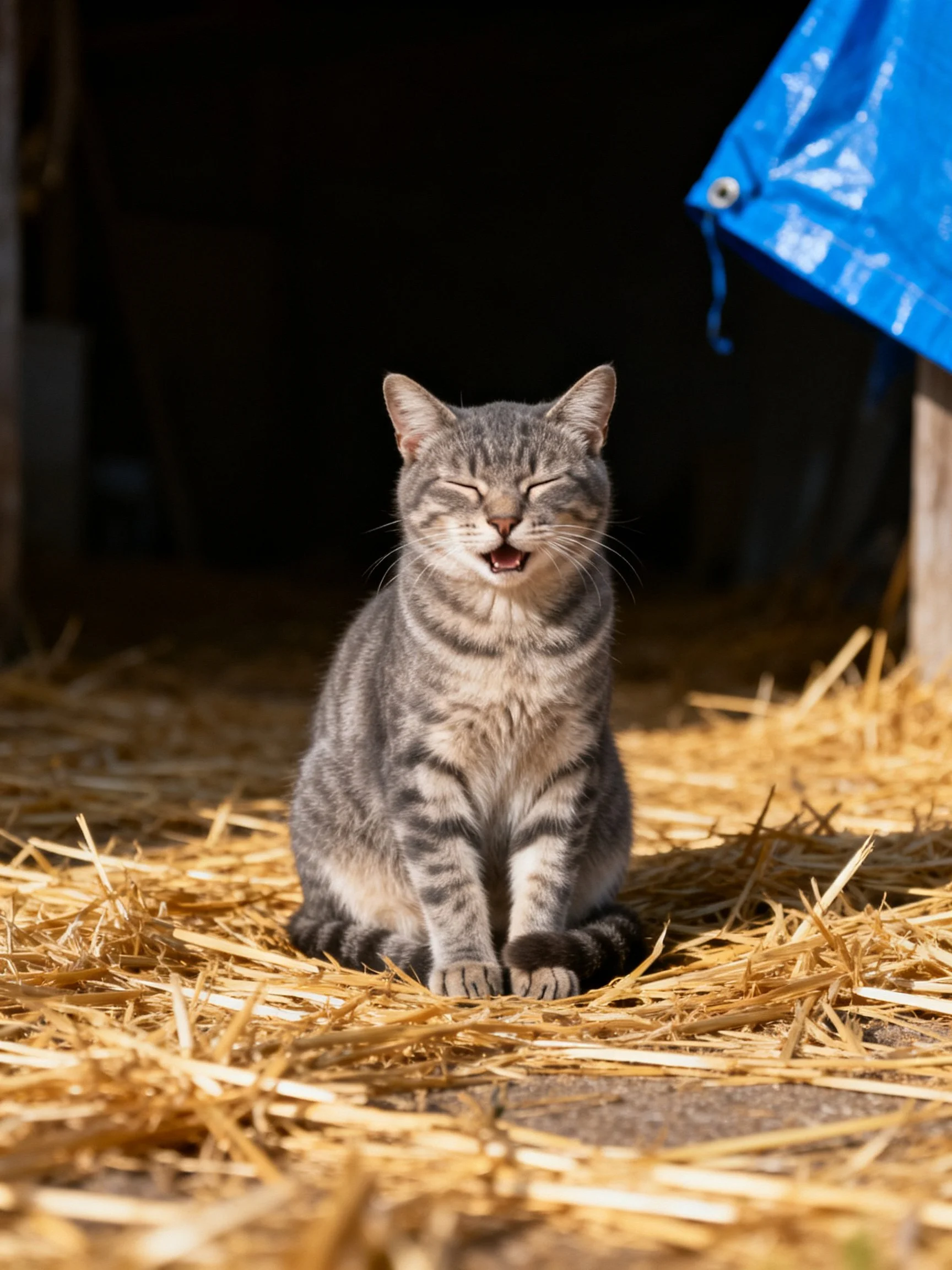 A gray tabby cat rests on straw beside a blue tarp.