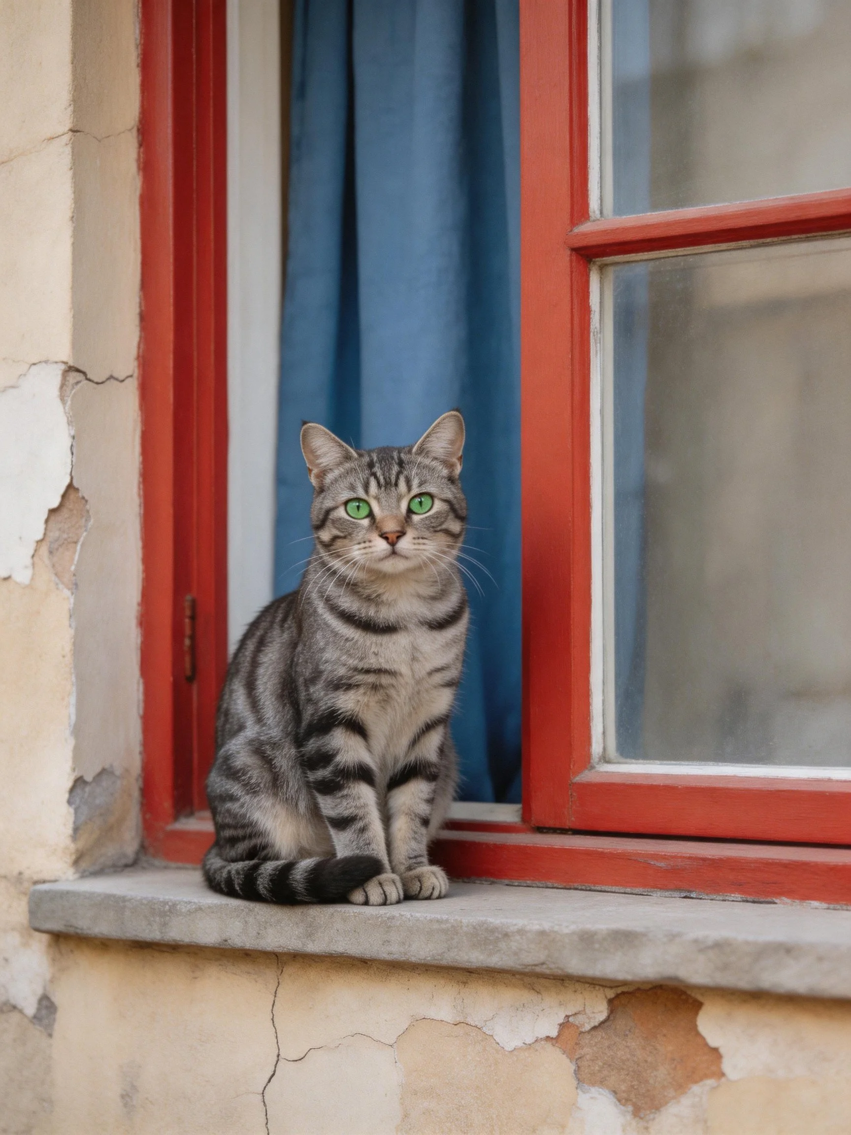 Gray tabby cat sits on red-trimmed window ledge near blue curtain.