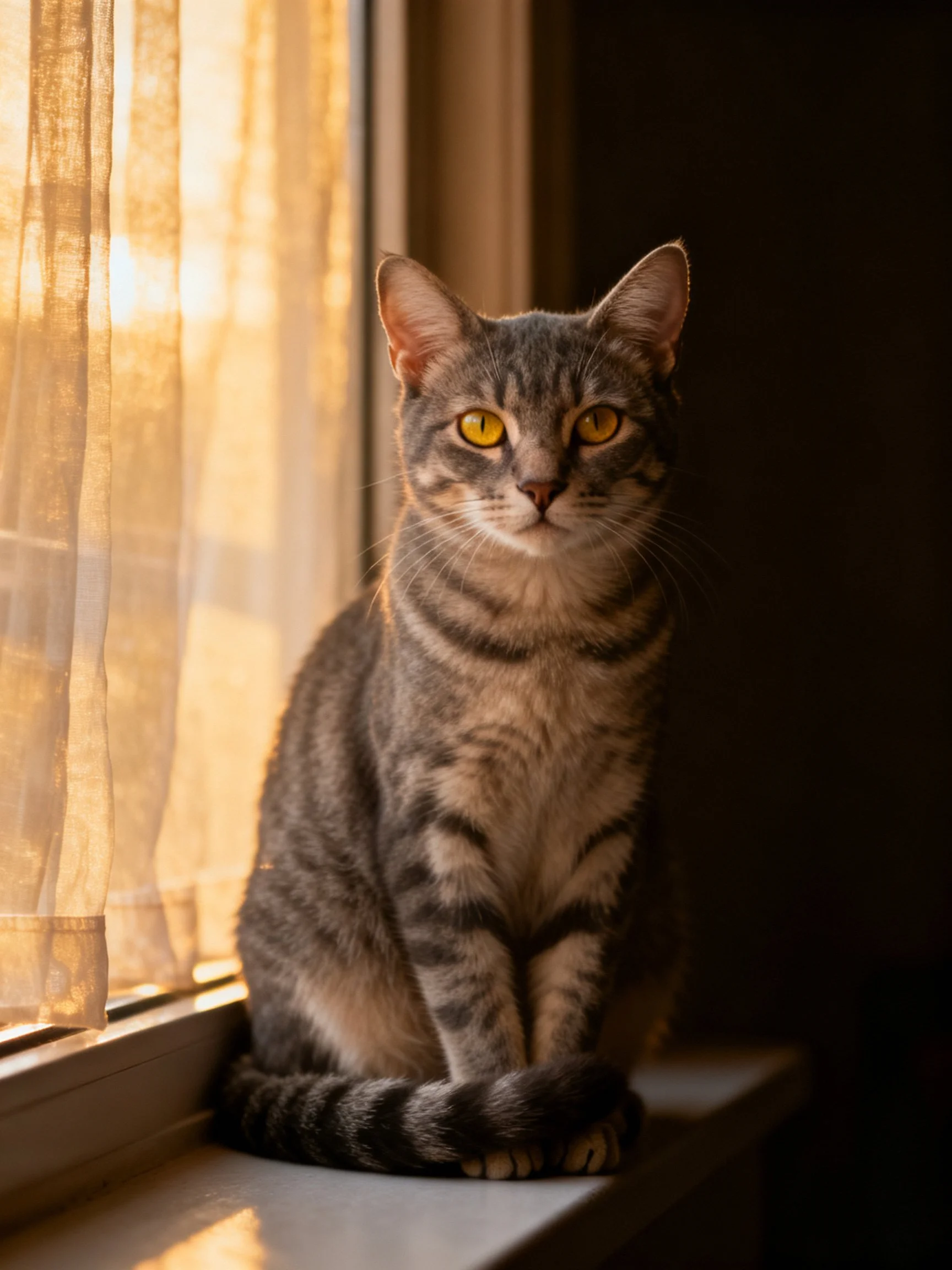 Gray tabby cat sits on sunlit windowsill by golden curtains